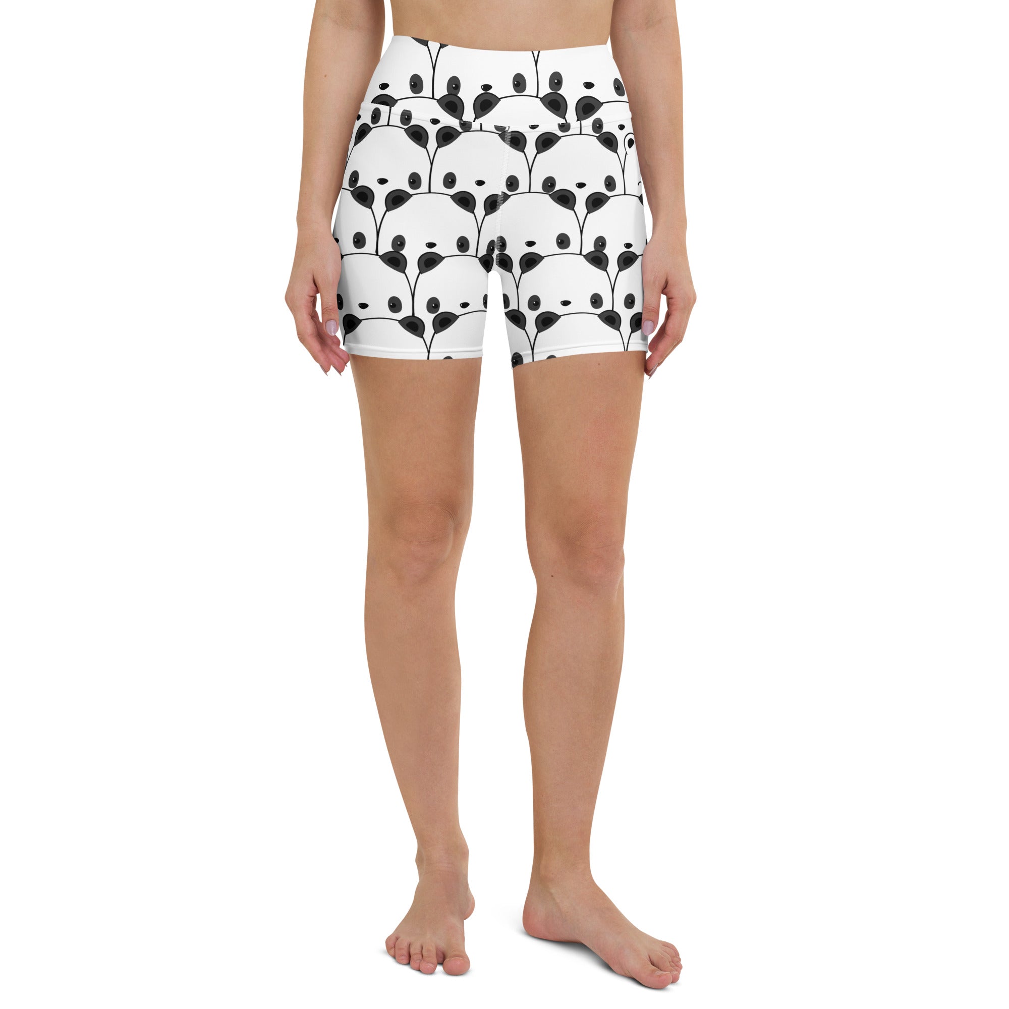 White high waisted buttery soft yoga shorts with a black panda face pattern for women activewear