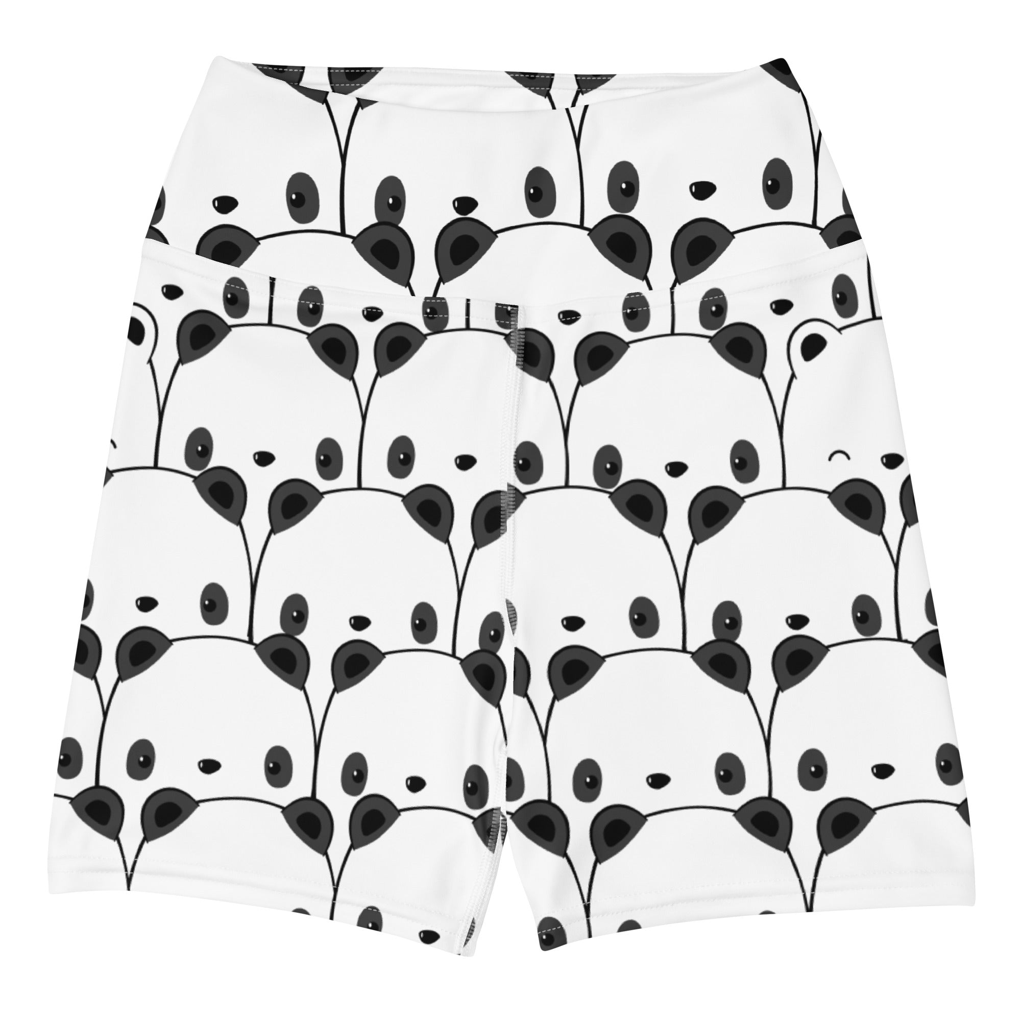 Women’s white high waisted buttery soft panda yoga shorts with playful black cartoon panda pattern for activewear