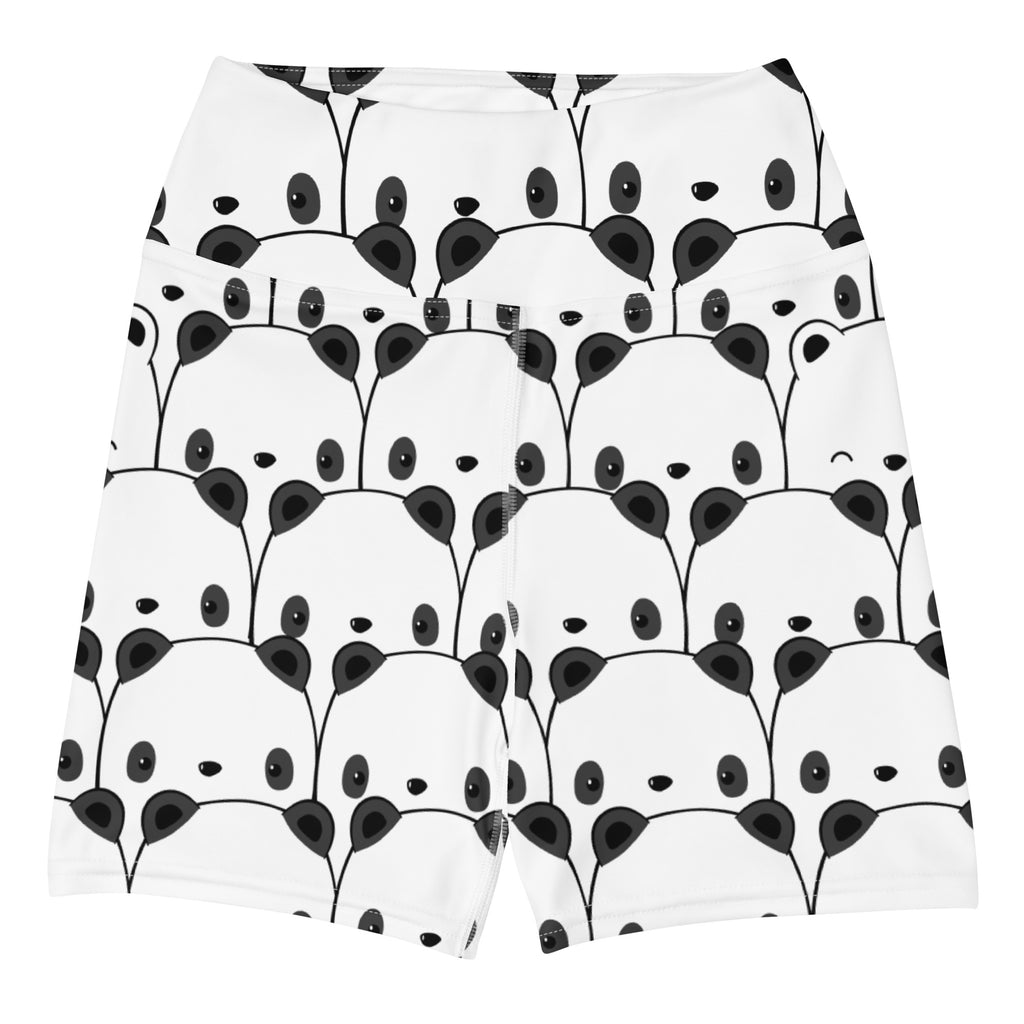 Women’s high waisted buttery soft white yoga shorts with black cartoon panda pattern for active wear