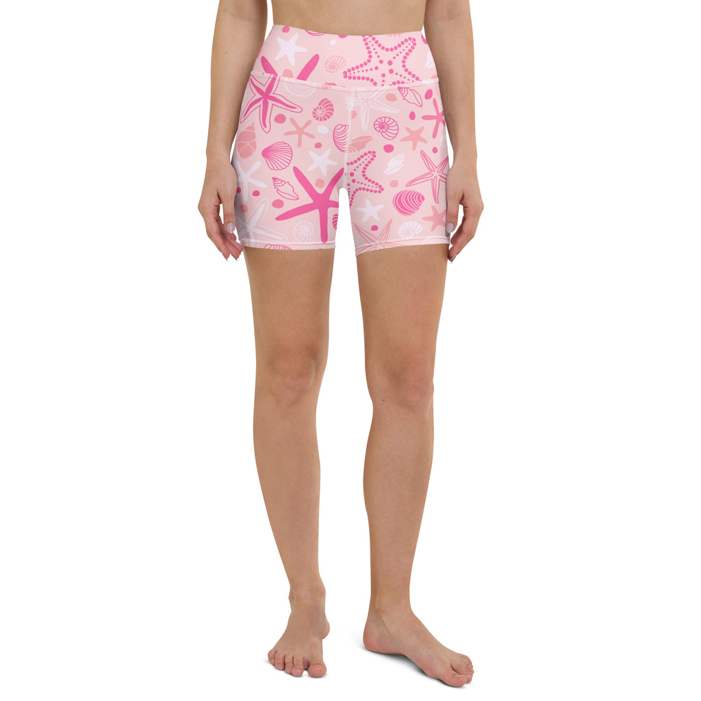 Women’s high waisted buttery soft pink yoga shorts with starfish and seashell pattern for active wear