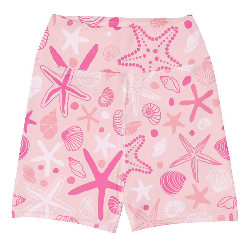 Women’s pink starfish and shells high waisted yoga shorts made of buttery soft fabric for active wear