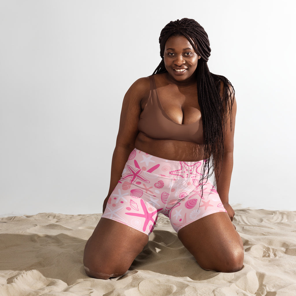 Women’s pink starfish and shells high waisted buttery soft yoga shorts with seashell and starfish pattern
