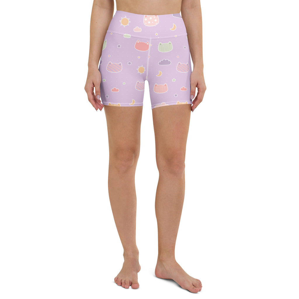 Women’s lilac high waisted buttery soft bike shorts with pastel cats moons and clouds pattern for yoga