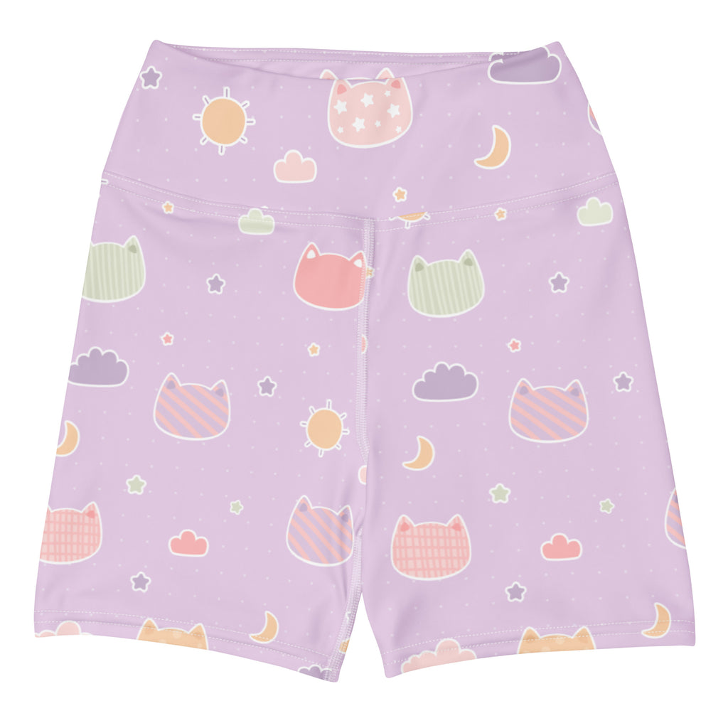 Pastel lavender high waisted buttery soft yoga shorts with kawaii cats suns moons and clouds pattern in soft hues
