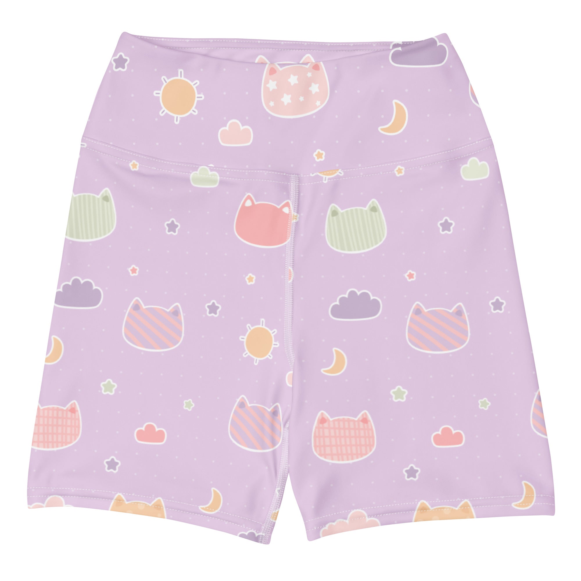Pastel lavender high waisted buttery soft yoga shorts with kawaii cats suns moons and clouds pattern in soft hues