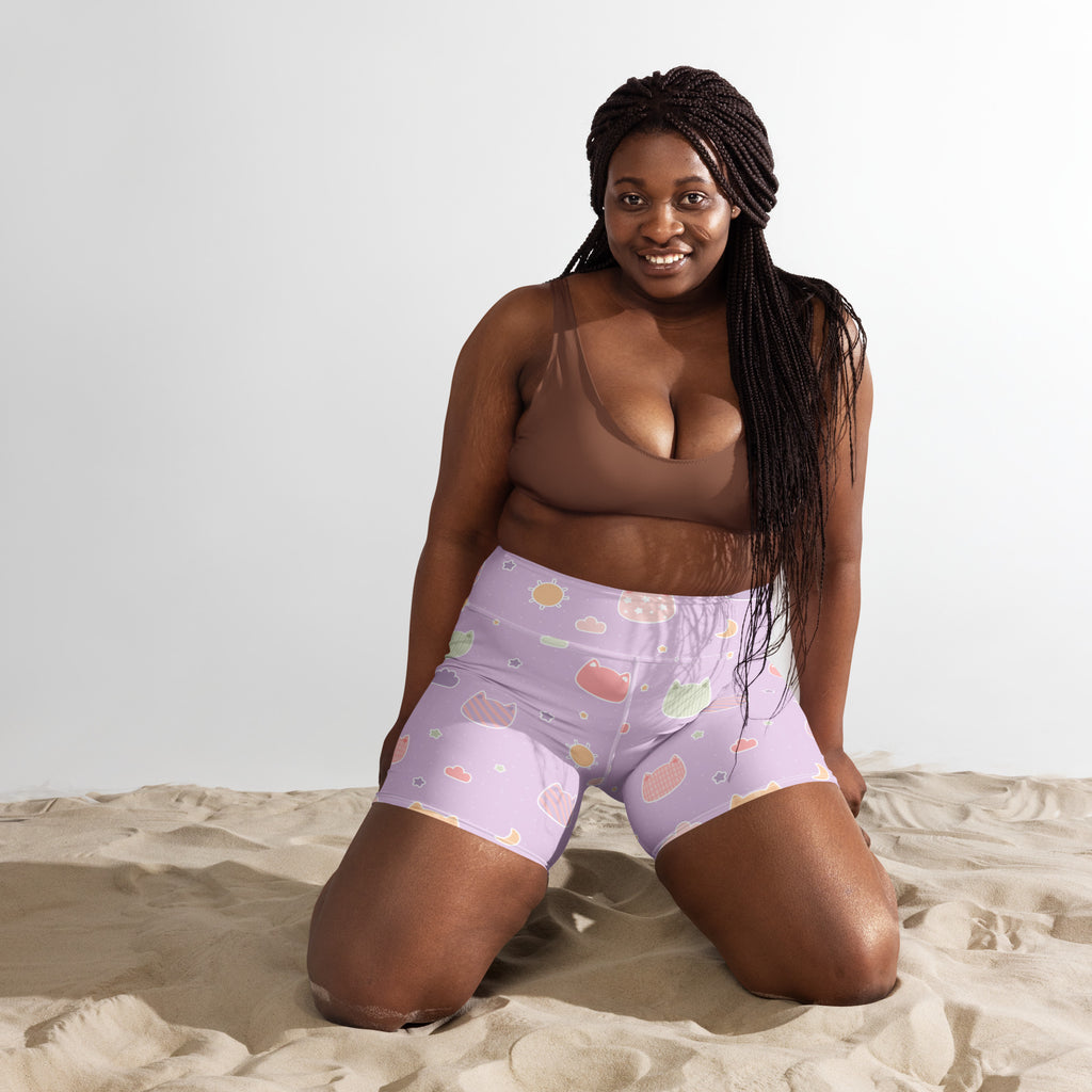 Women’s pastel purple kawaii cats and clouds yoga shorts high waisted buttery soft active pants with playful pattern