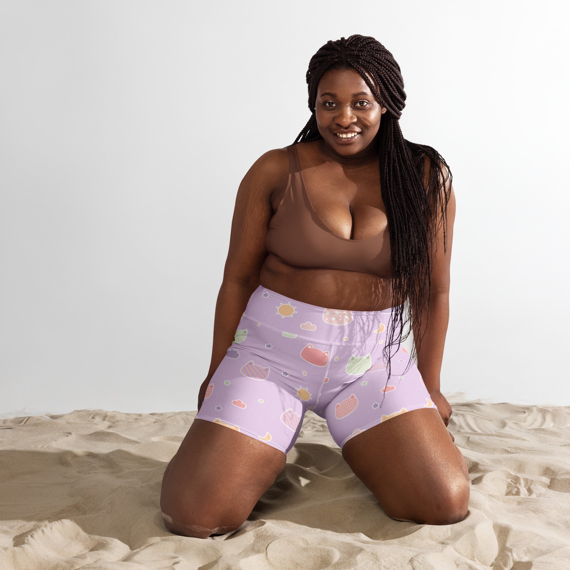 Women’s pastel purple kawaii cats and clouds yoga shorts high waisted buttery soft active pants with playful pattern