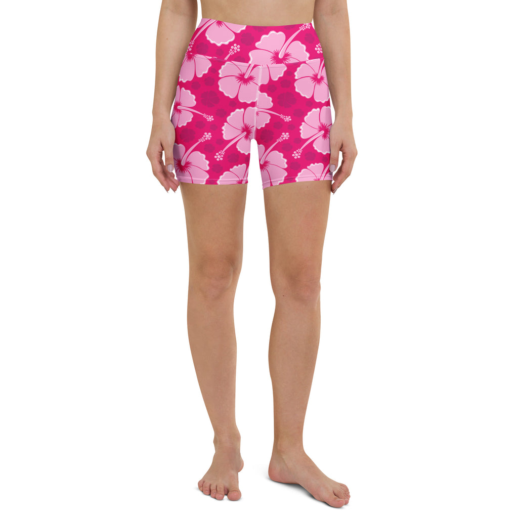 Women’s high waisted buttery soft yoga shorts in pink with a tropical hibiscus pattern for active wear