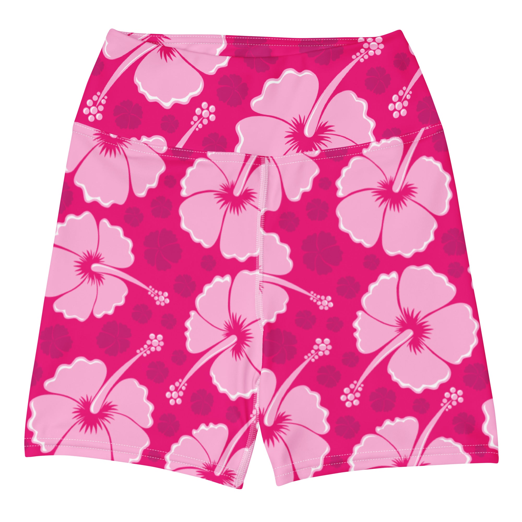 Women’s high waisted buttery soft active shorts with pink hibiscus pattern on vibrant fuchsia background and white outlines