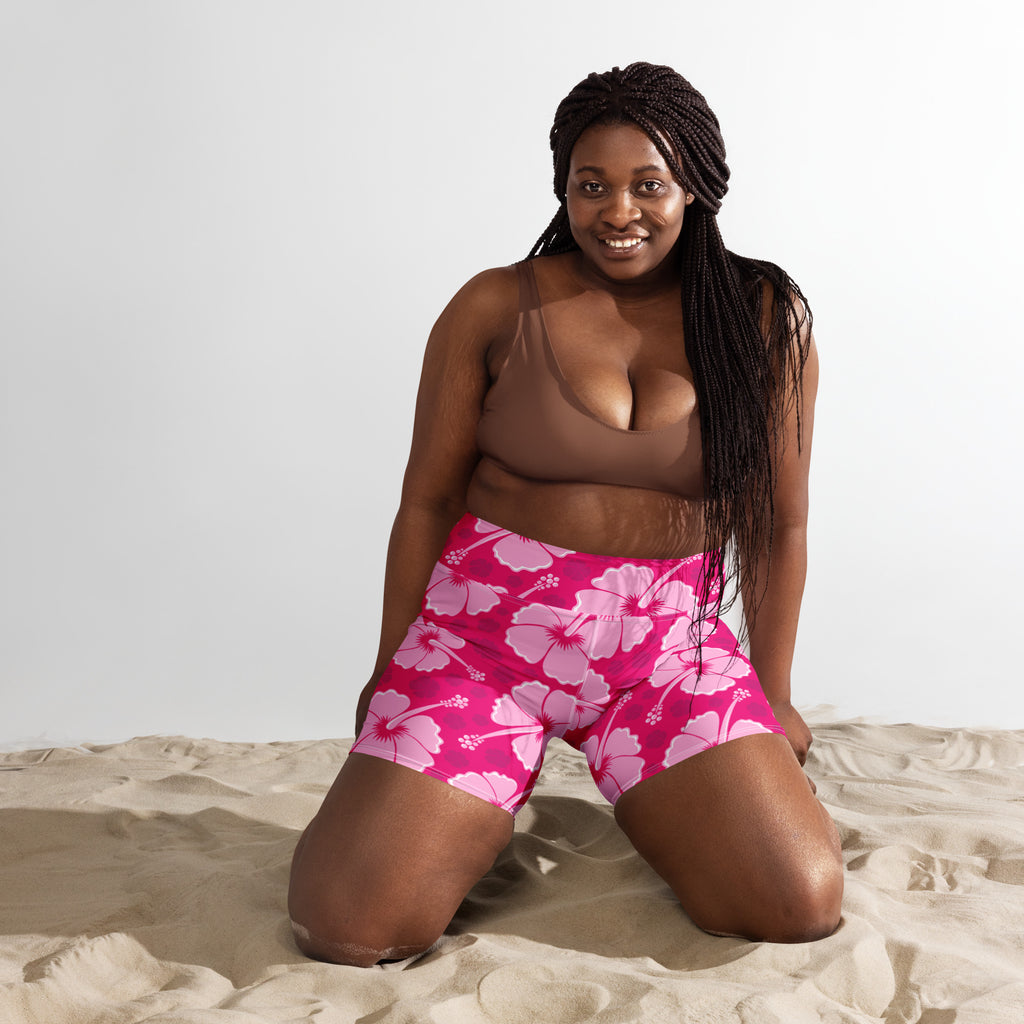 Women’s tropical pink hibiscus yoga shorts high waisted buttery soft active pants with floral print