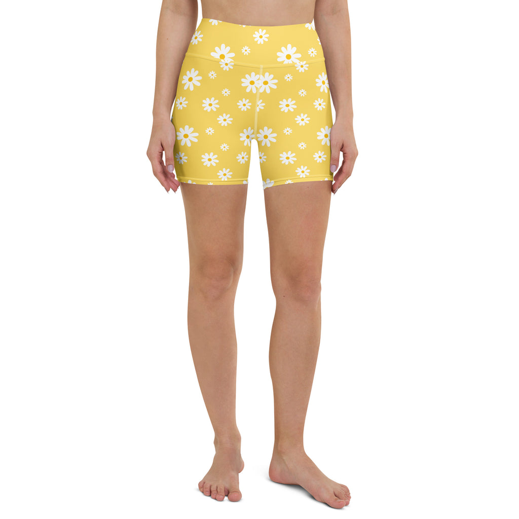 Women’s Yellow Daisy Yoga Shorts – High Waisted Buttery Soft Active Pants