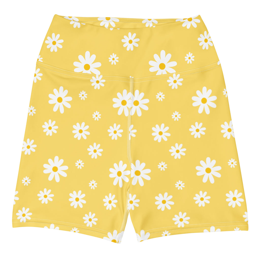 Women’s Yellow Daisy Yoga Shorts – High Waisted Buttery Soft Active Pants