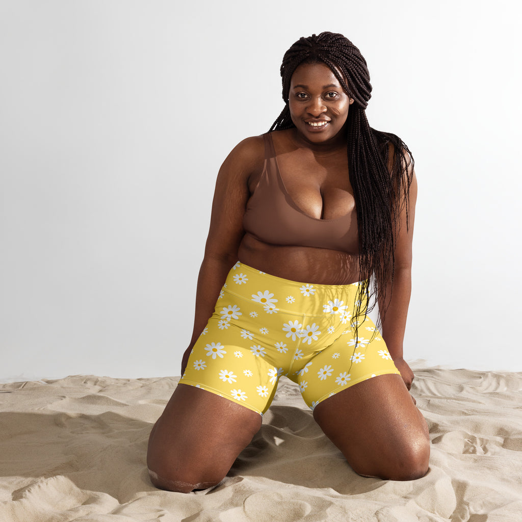 Women’s Yellow Daisy Yoga Shorts – High Waisted Buttery Soft Active Pants