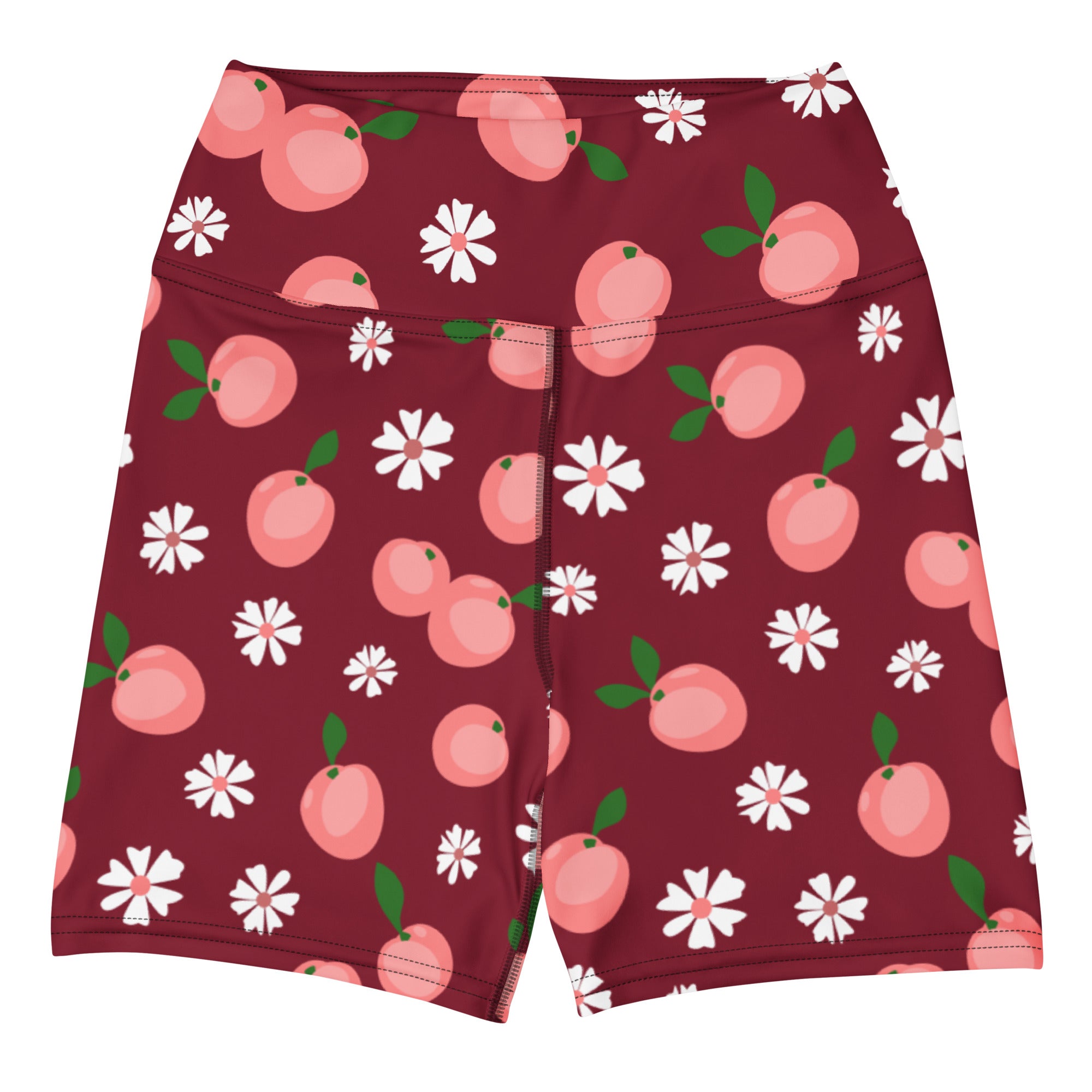 Women’s high waisted buttery soft maroon yoga shorts with a playful pattern of pink peaches and white daisies