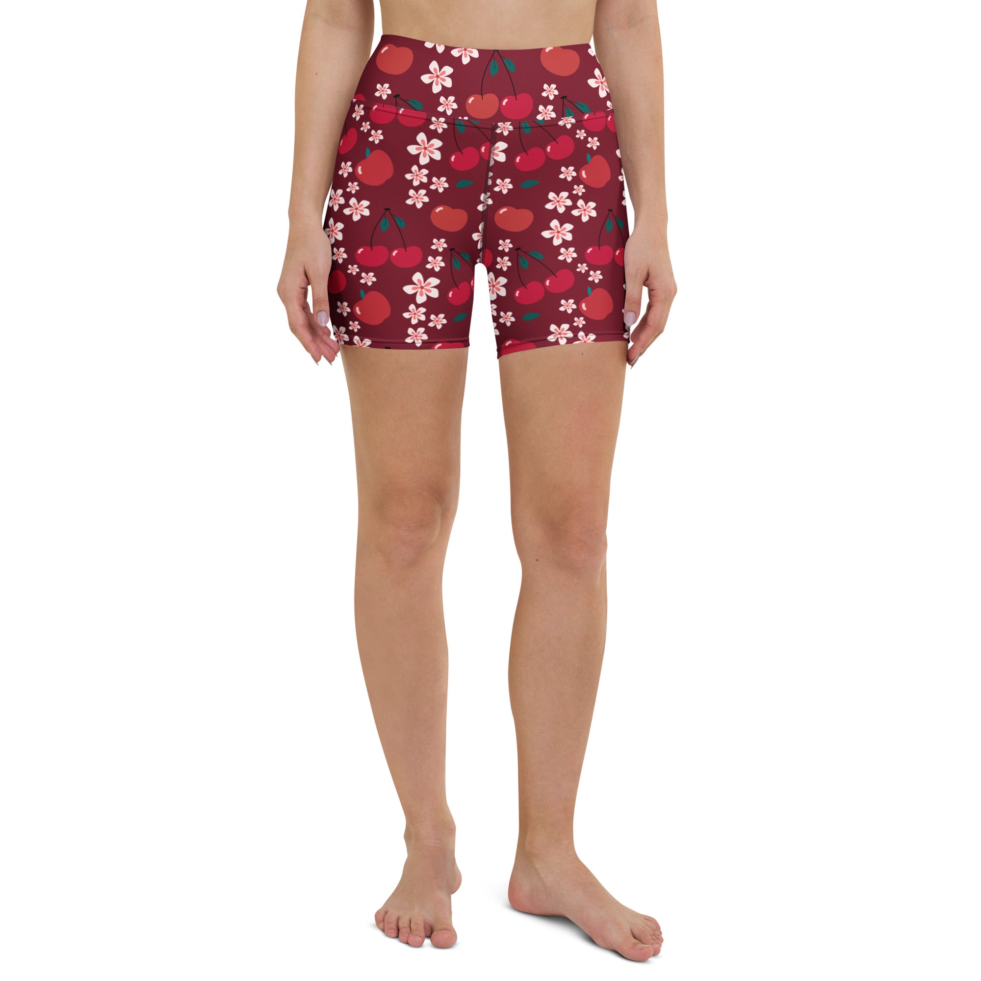 Women’s cherry blossom yoga shorts high waisted maroon buttery soft active pants with red cherries and pink blossoms pattern
