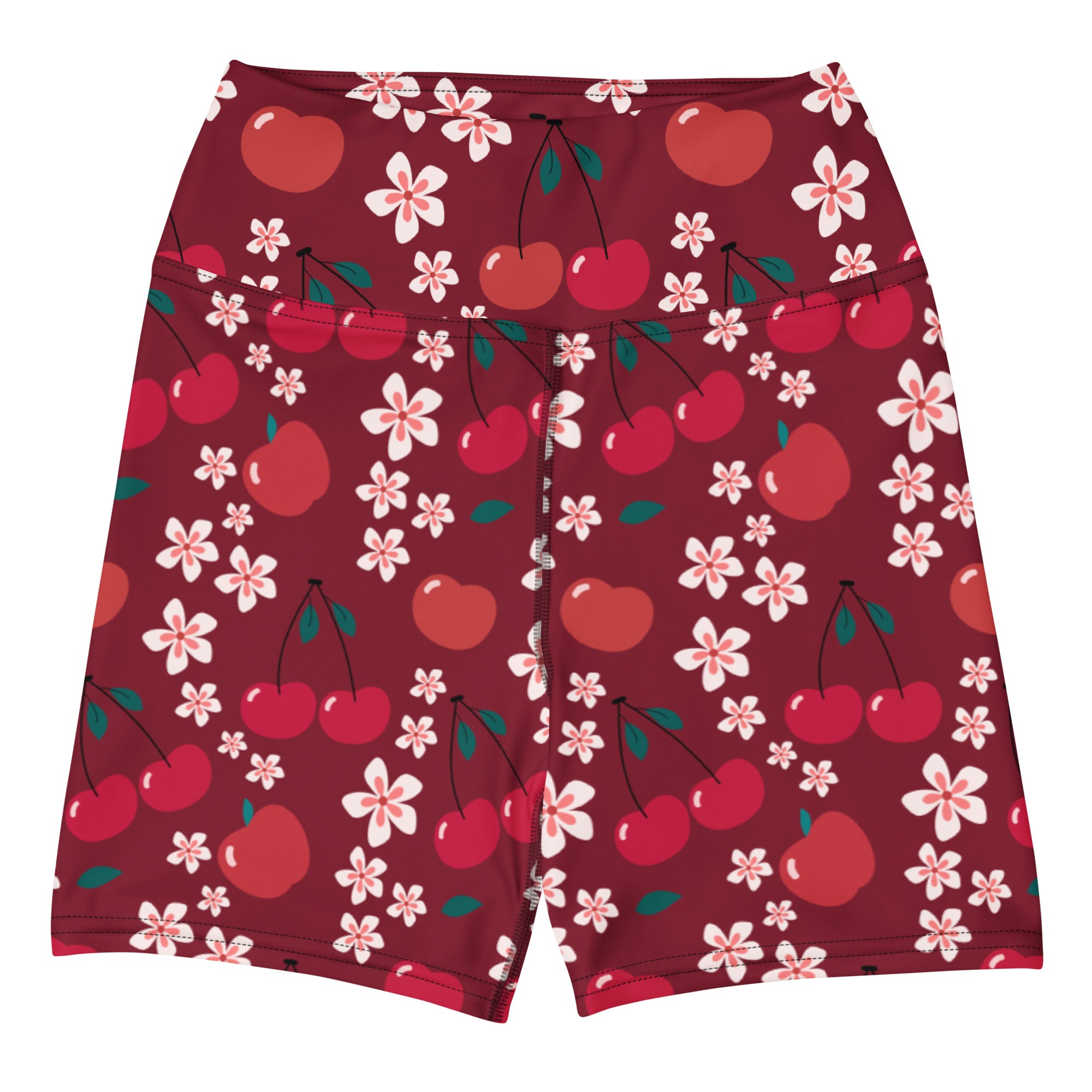 Women’s high waisted buttery soft maroon yoga shorts with a playful red cherry and white blossom pattern