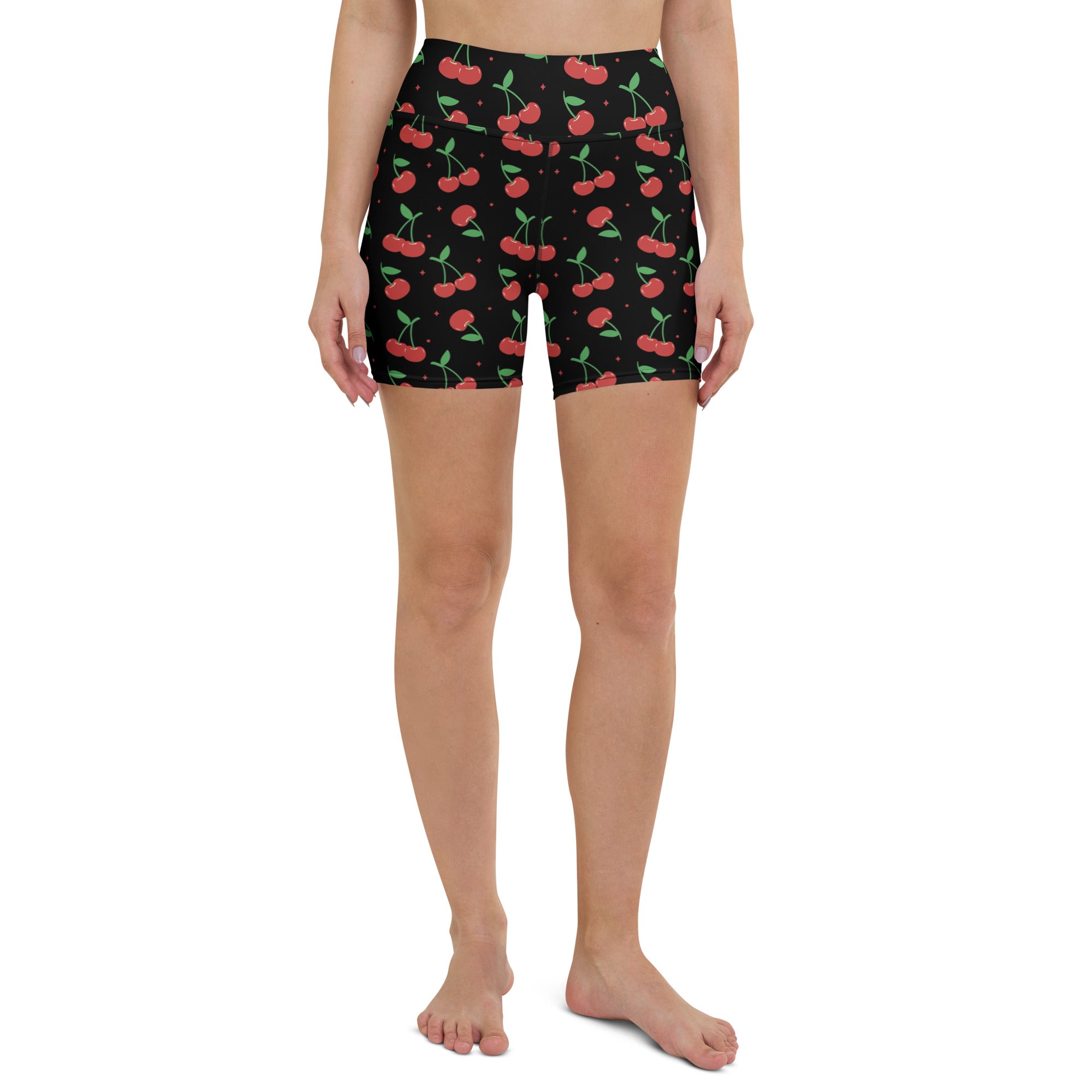Women’s black cherry high waisted buttery soft yoga shorts with cherry print for active wear