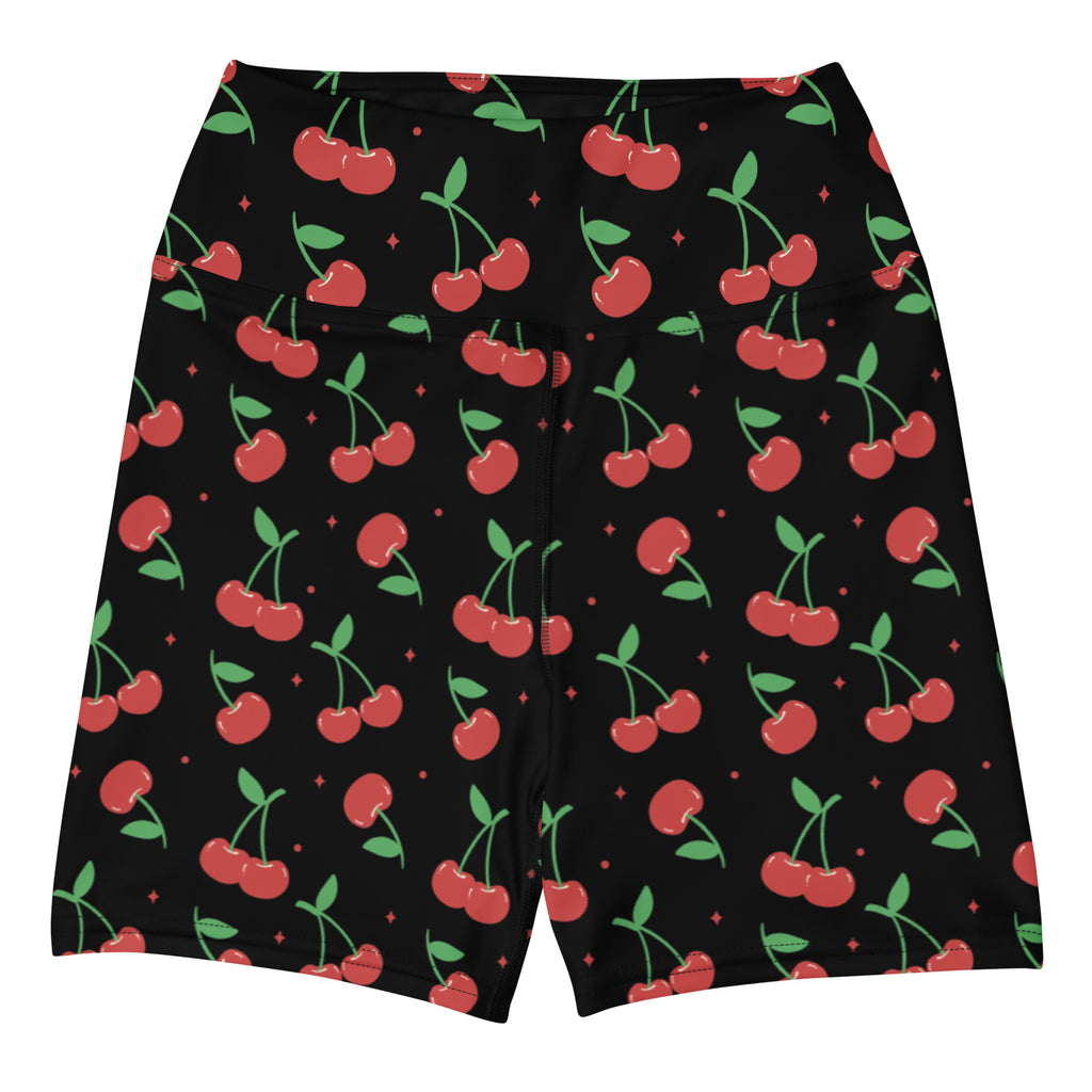 Women’s high waisted buttery soft black yoga shorts with playful red cherry pattern and small diamond accents