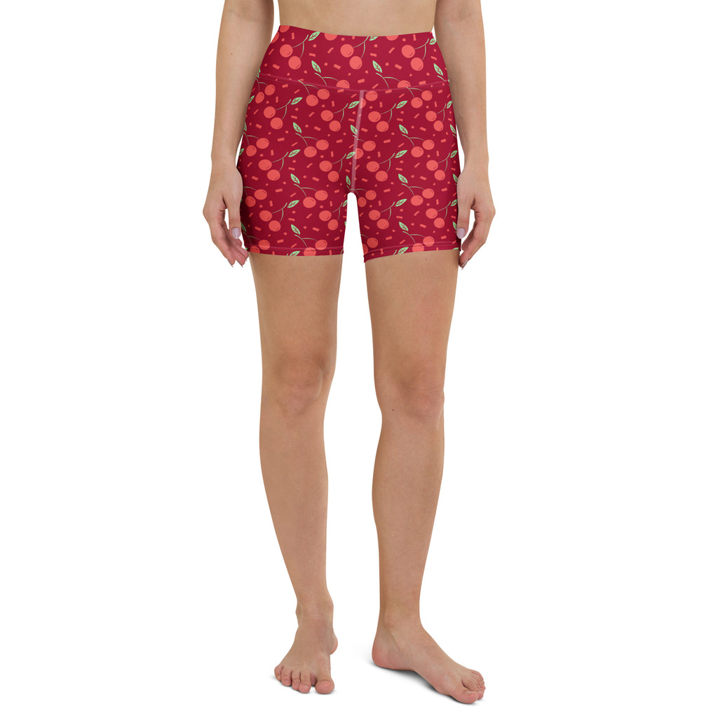 Women’s red cherry-patterned high-waisted buttery soft yoga shorts ideal for activewear and workouts