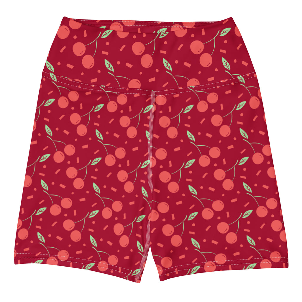 Women’s red cherry sprinkle high waisted buttery soft yoga shorts with green leaves and confetti accents