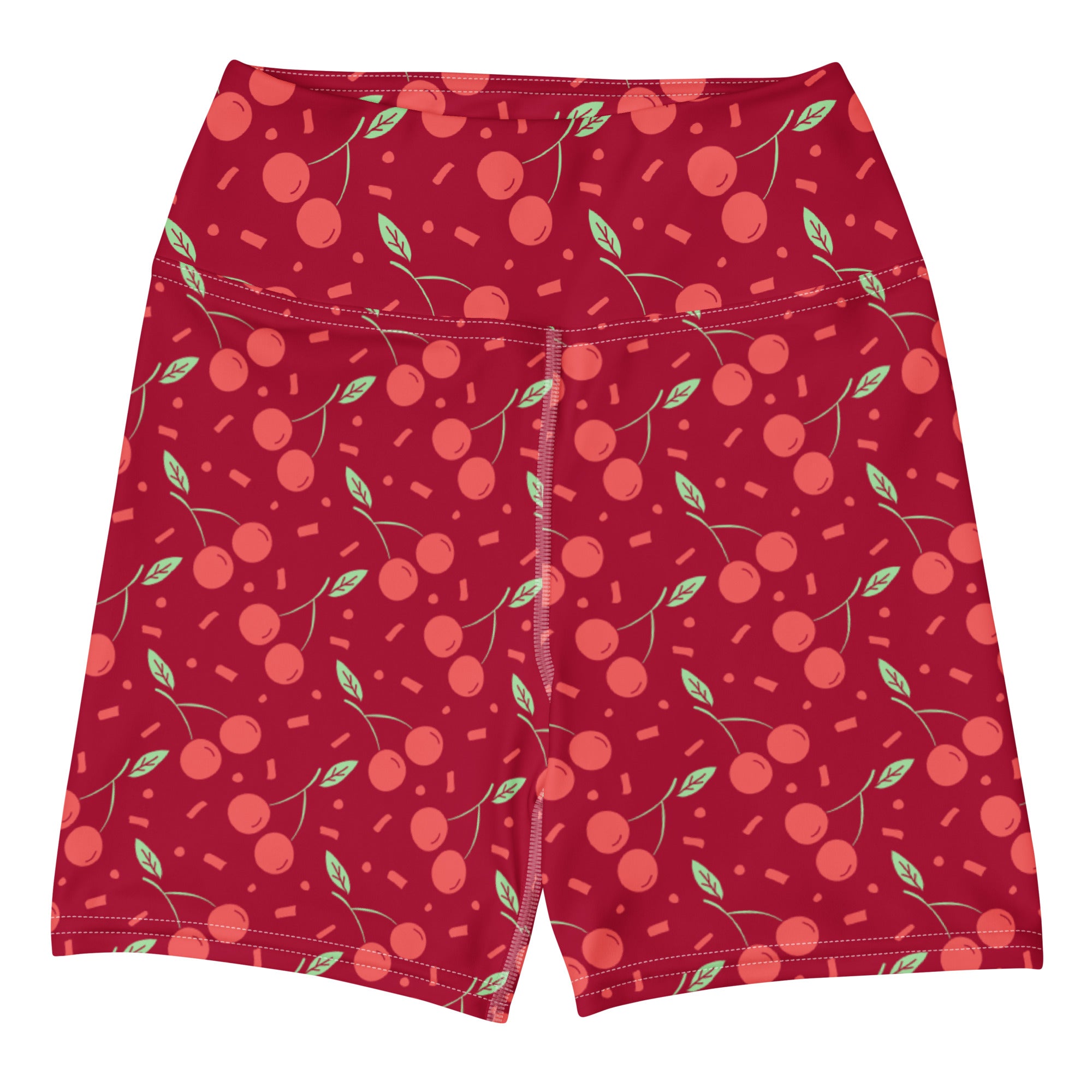 Women’s red cherry sprinkle high waisted buttery soft yoga shorts with green leaves and confetti accents
