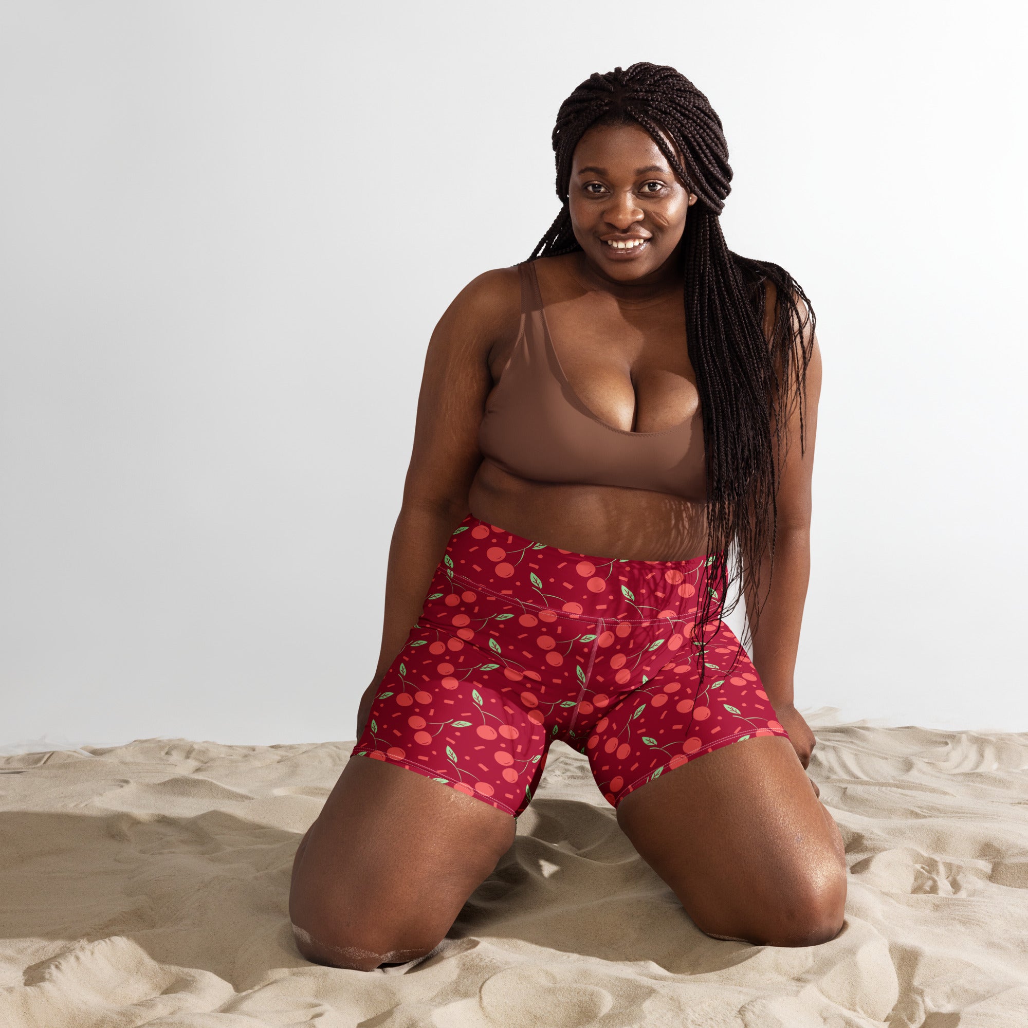 Women’s red cherry sprinkle high waisted buttery soft yoga shorts designed for active wear and comfort