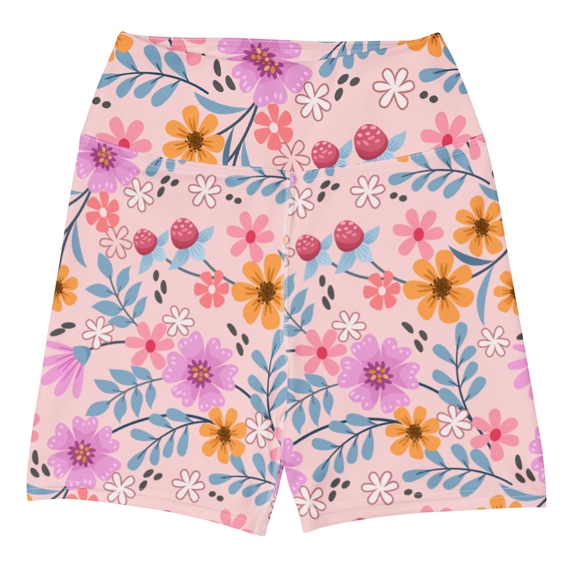 Women’s pink floral yoga shorts with high waisted design buttery soft fabric and vibrant purple orange white flowers
