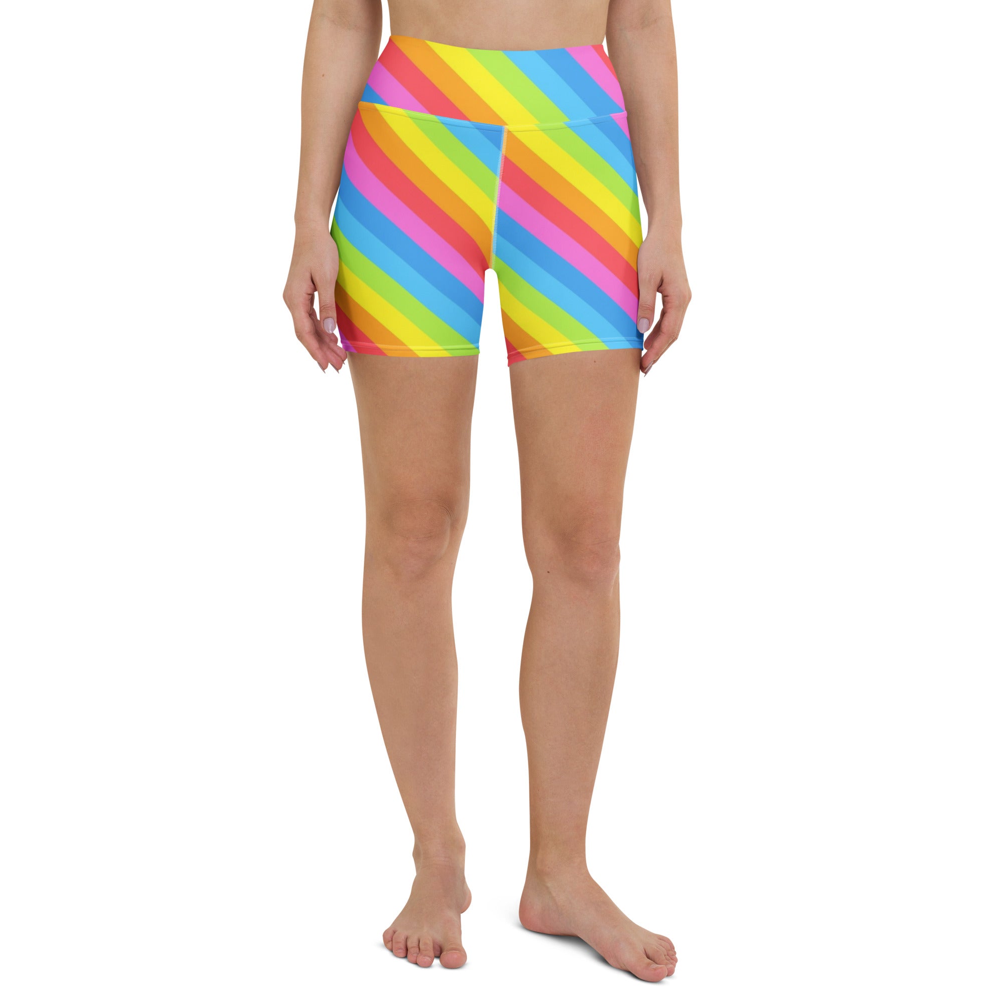 Women’s Rainbow Stripe Yoga Shorts – High Waisted Buttery Soft Active Pants