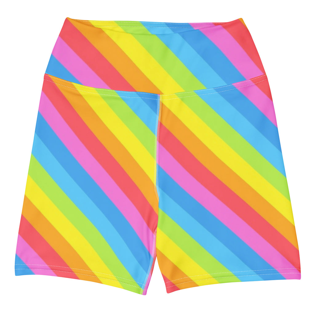 Women’s Rainbow Stripe Yoga Shorts – High Waisted Buttery Soft Active Pants