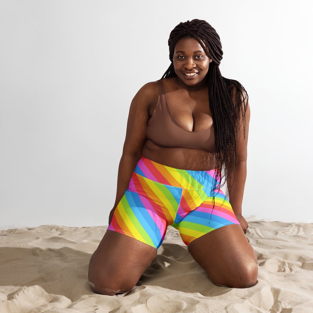 Women’s Rainbow Stripe Yoga Shorts – High Waisted Buttery Soft Active Pants