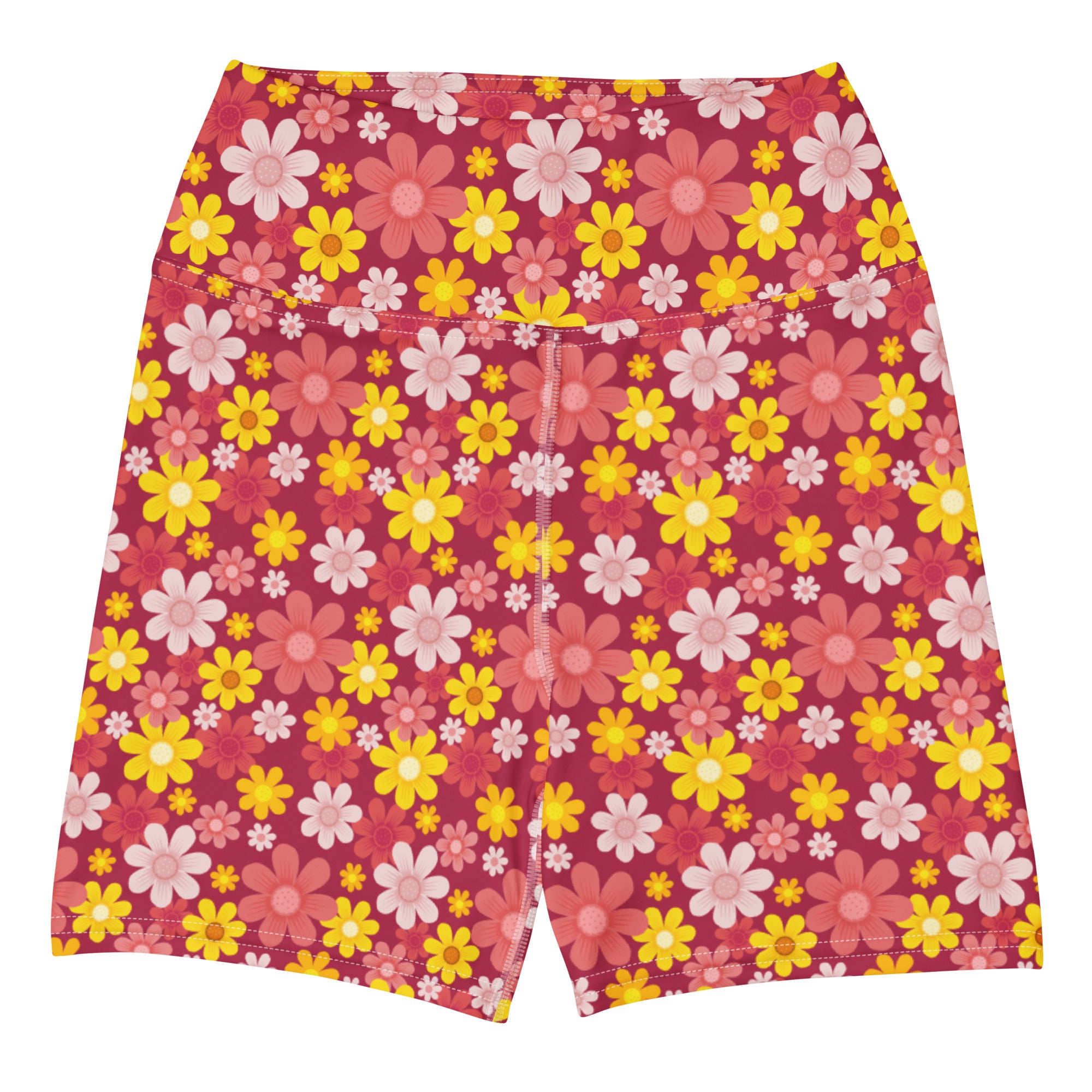 Women’s red floral high-waisted yoga shorts with buttery soft fabric featuring pink and yellow daisies with white accents