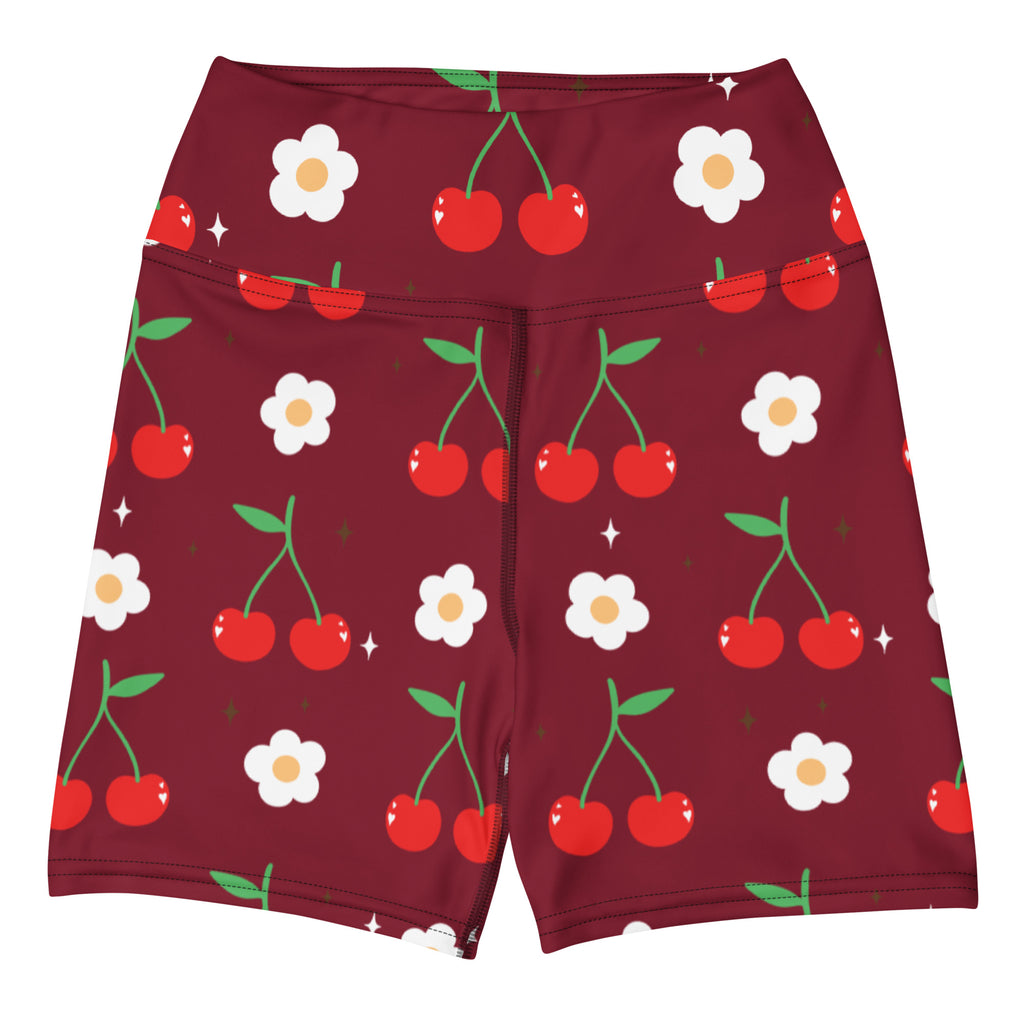 Women’s maroon high waisted buttery soft yoga shorts with red cherries and white daisies pattern