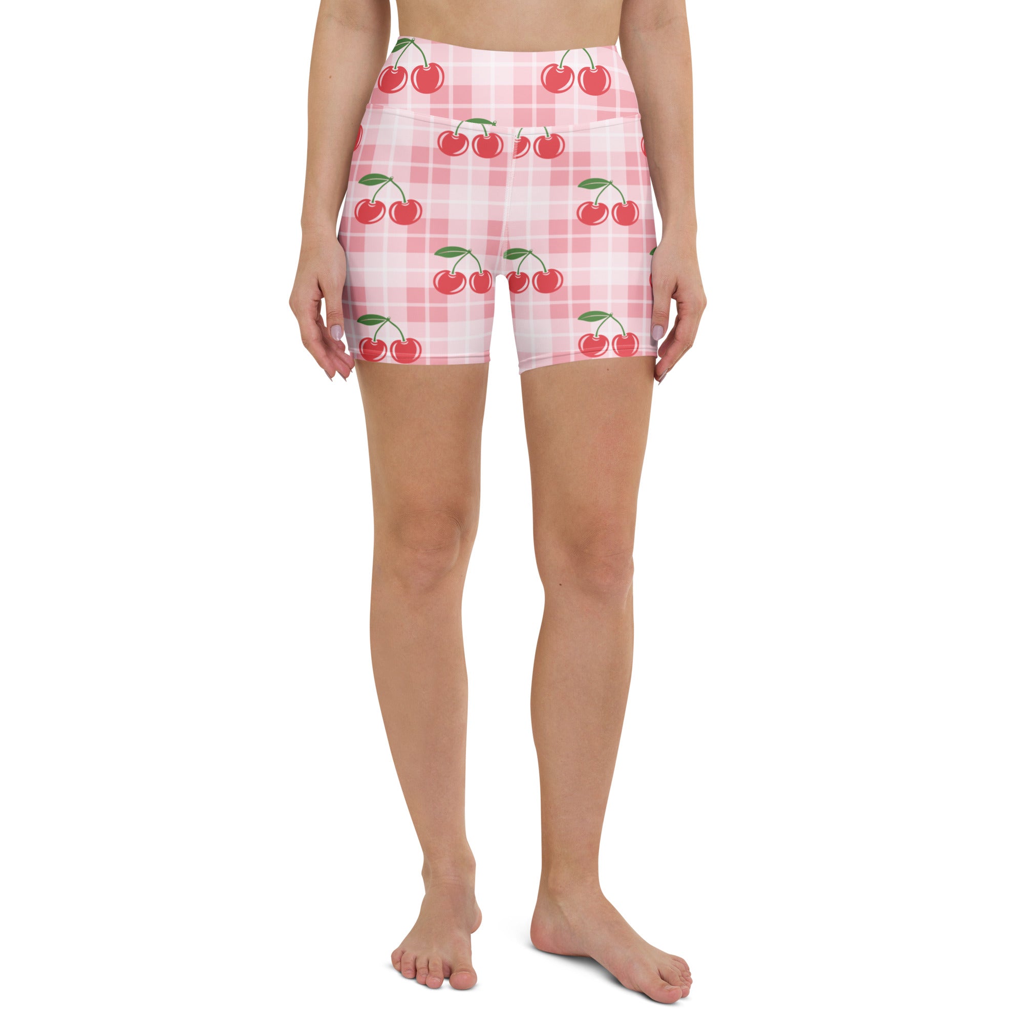 Women’s high waisted pink and white gingham cherry print buttery soft yoga shorts for active wear