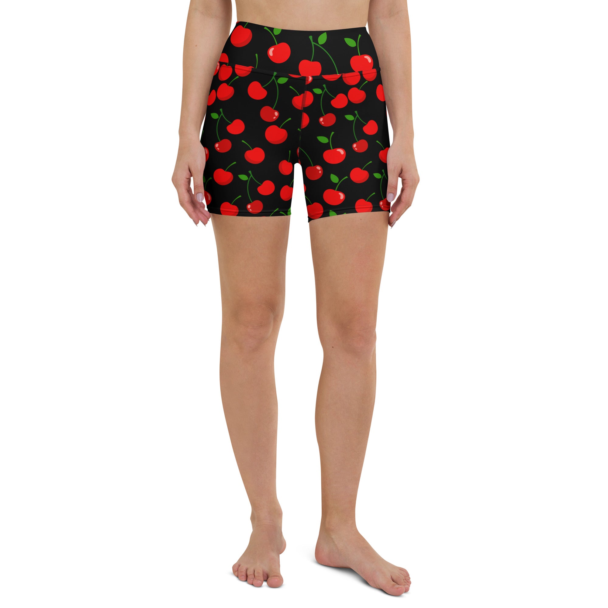 Black cherry-print high waisted buttery soft yoga shorts for women designed for active wear and comfort