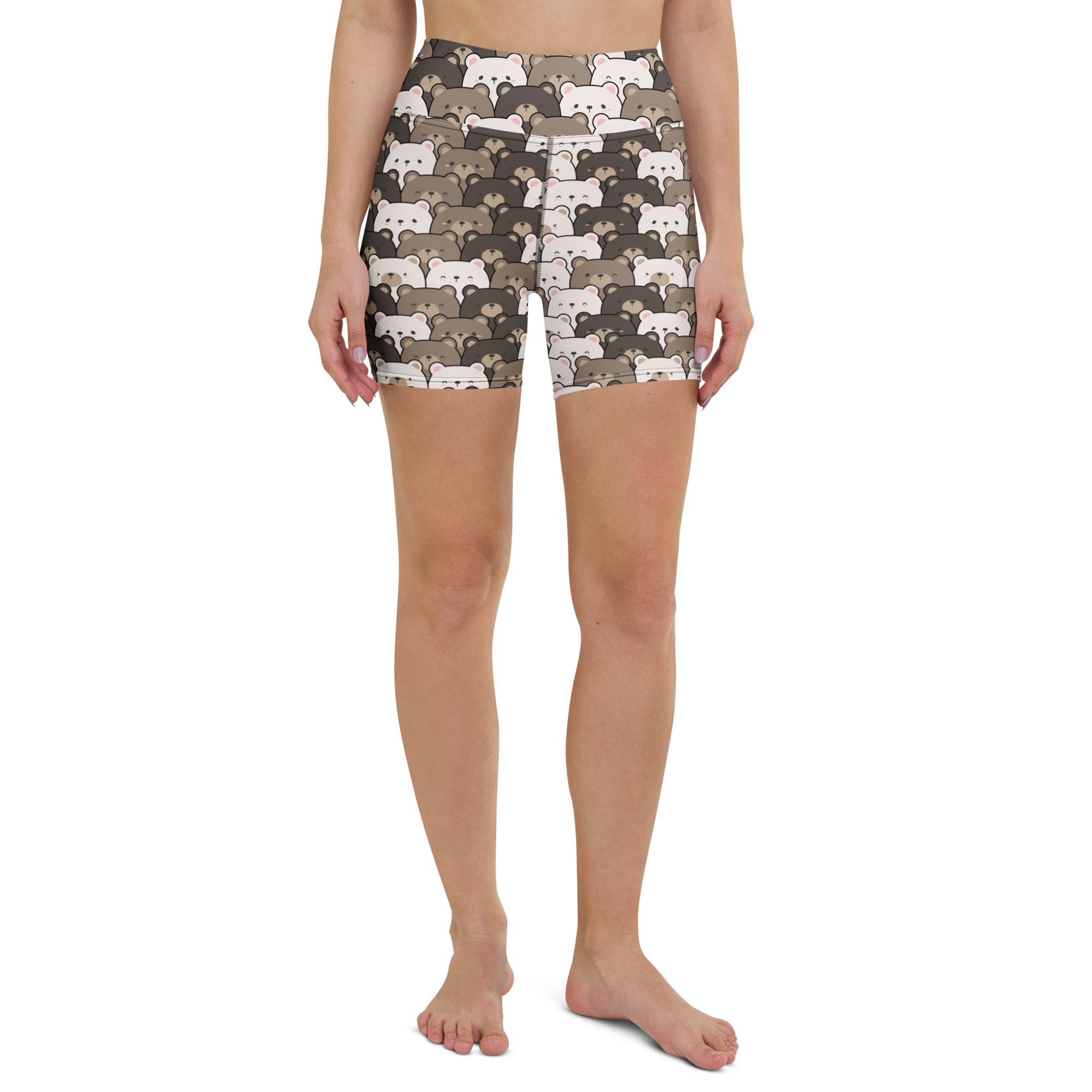 Women’s high waisted buttery soft yoga shorts with gray and white cartoon bear face pattern