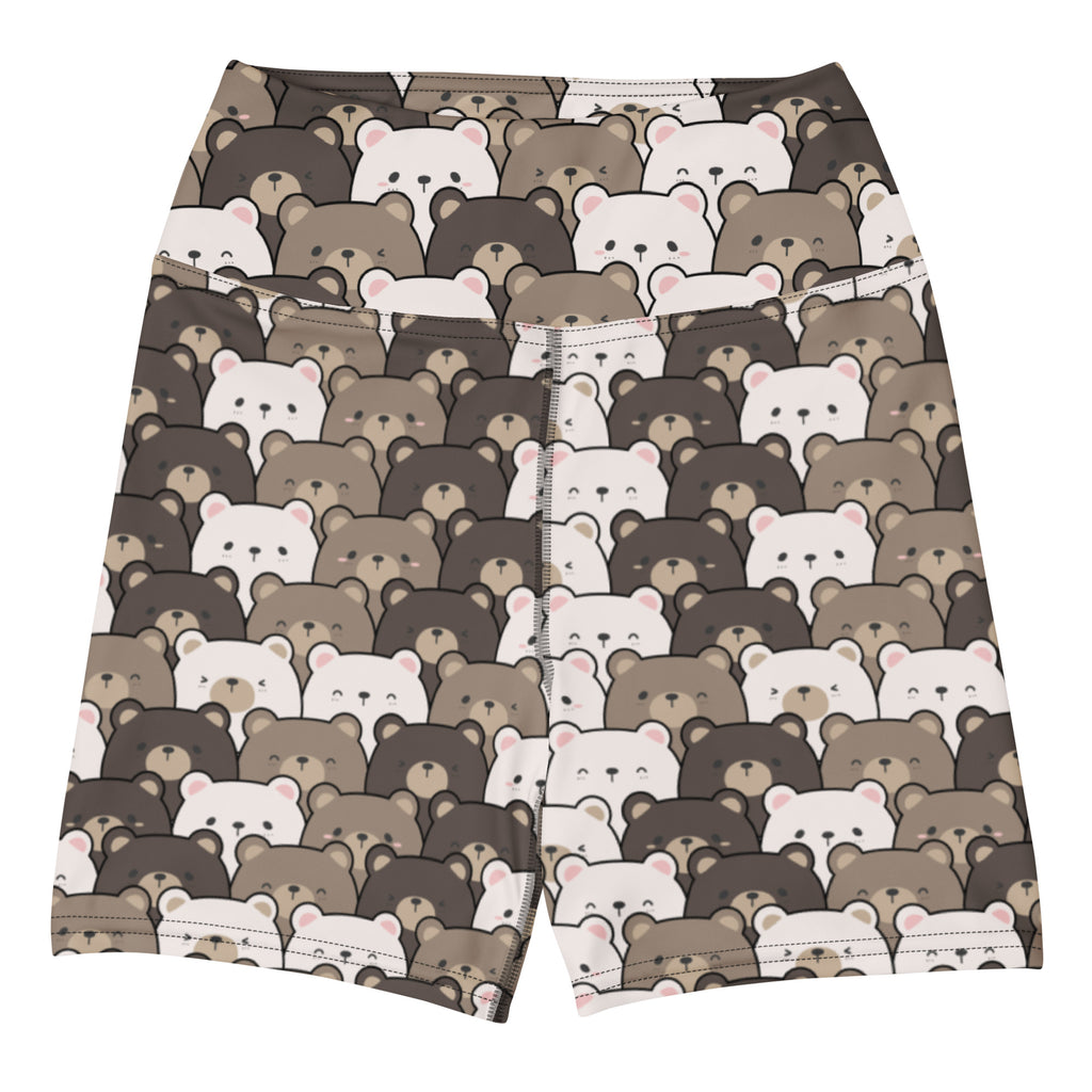 Women’s high waisted buttery soft yoga shorts in brown and white bear pattern made from stretchy fabric