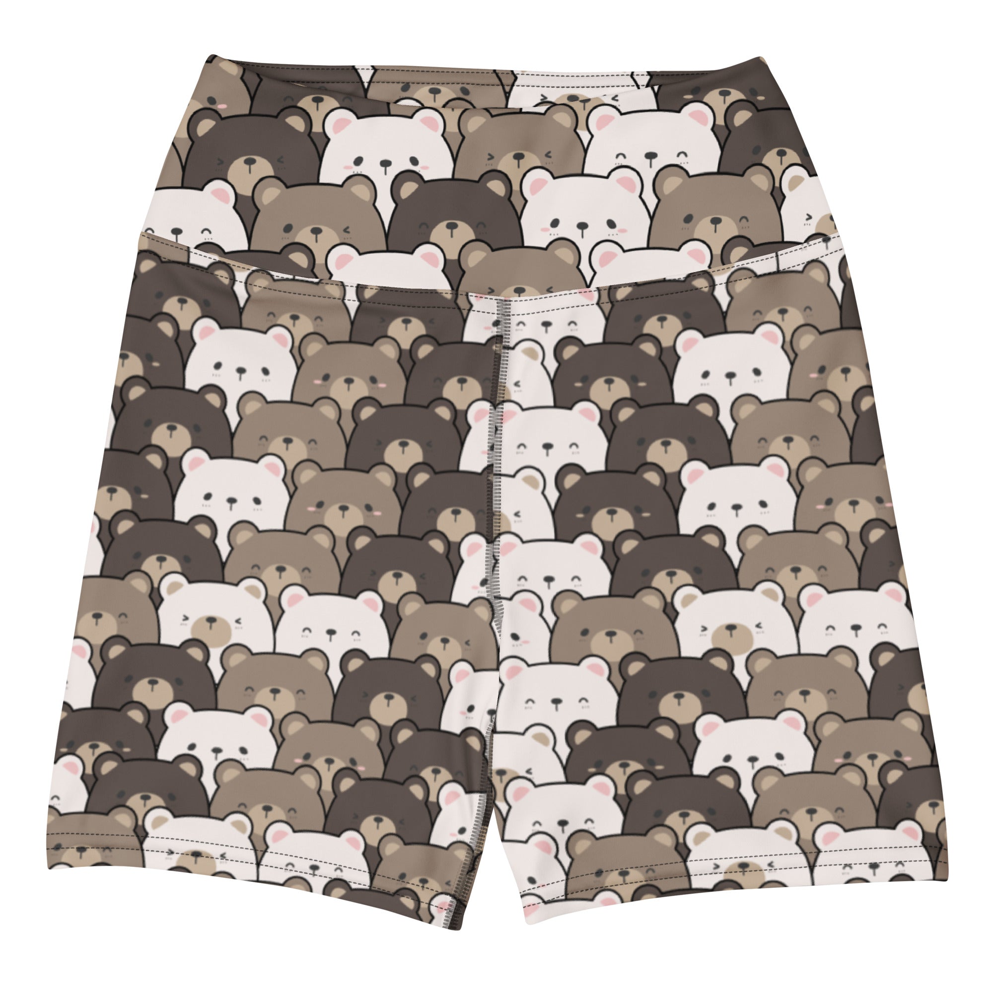 Women’s high waisted buttery soft yoga shorts in brown and white bear pattern made from stretchy fabric