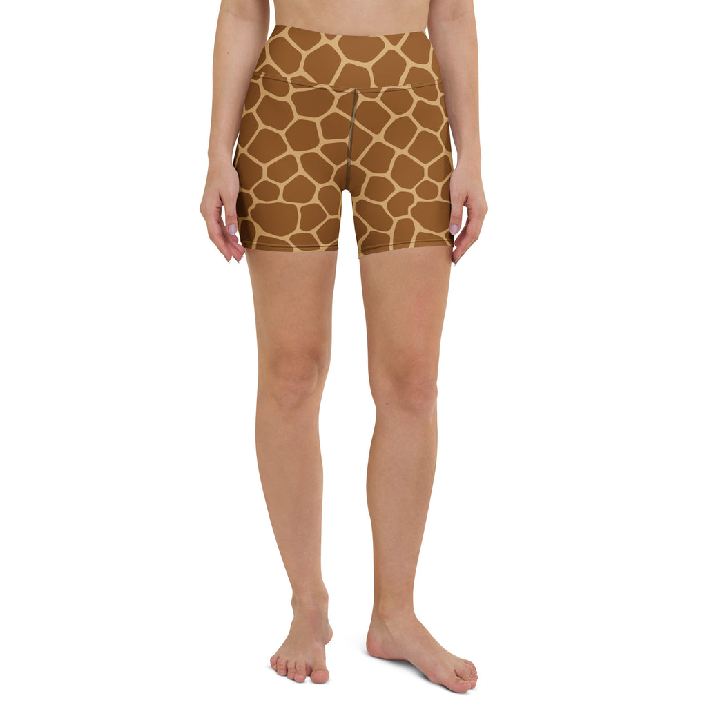 Women’s high waisted giraffe print yoga shorts in buttery soft brown fabric for activewear use