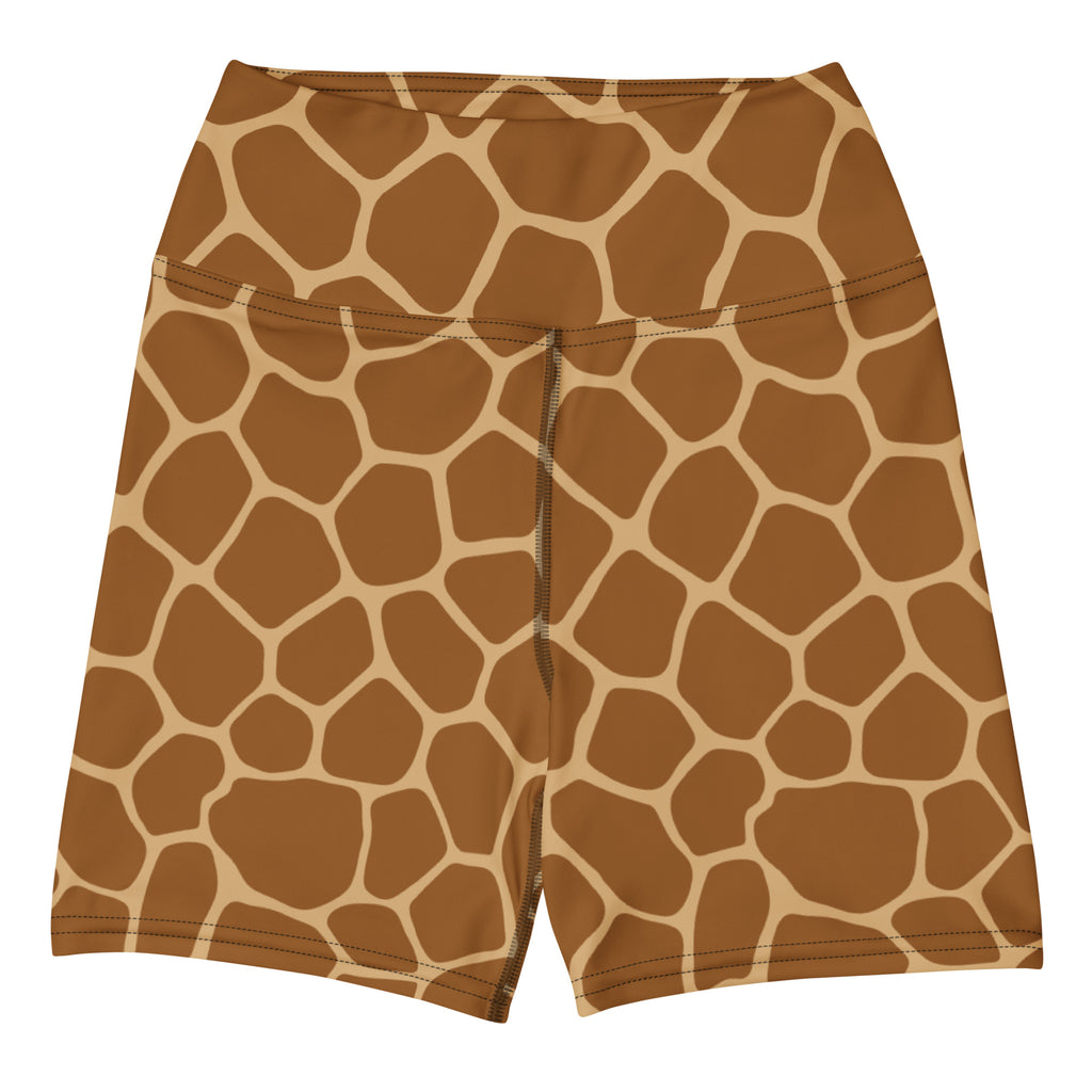 Women’s giraffe print high waisted buttery soft yoga shorts in brown and cream for activewear and workouts