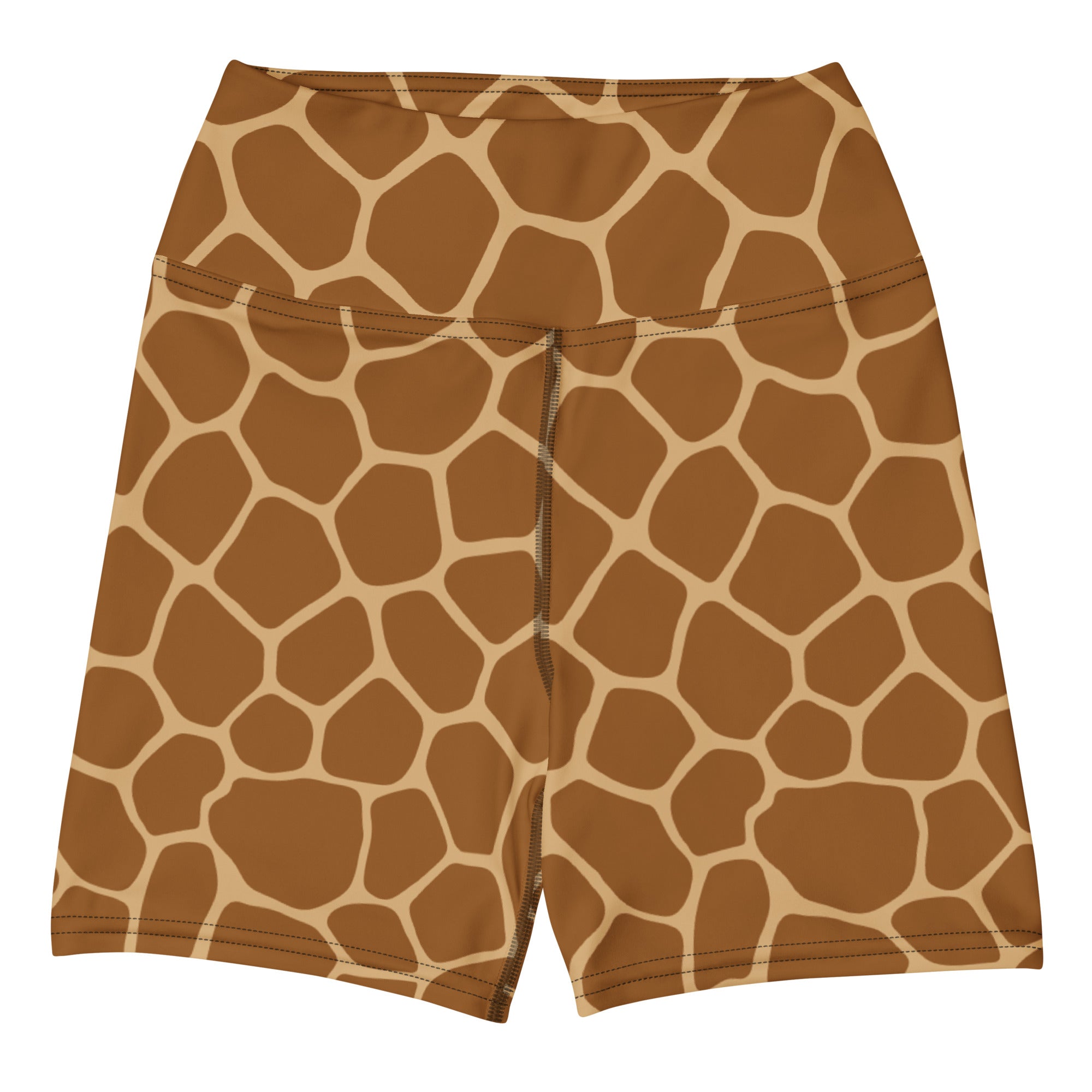 Women’s giraffe print high waisted buttery soft yoga shorts in brown and cream for activewear and workouts