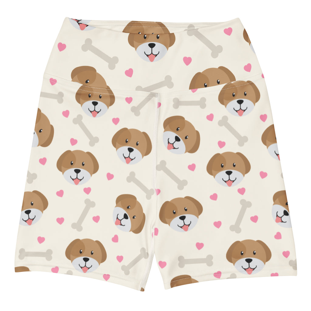 Women’s cute dog print yoga shorts in cream with high waisted buttery soft fabric featuring puppy faces hearts and bones
