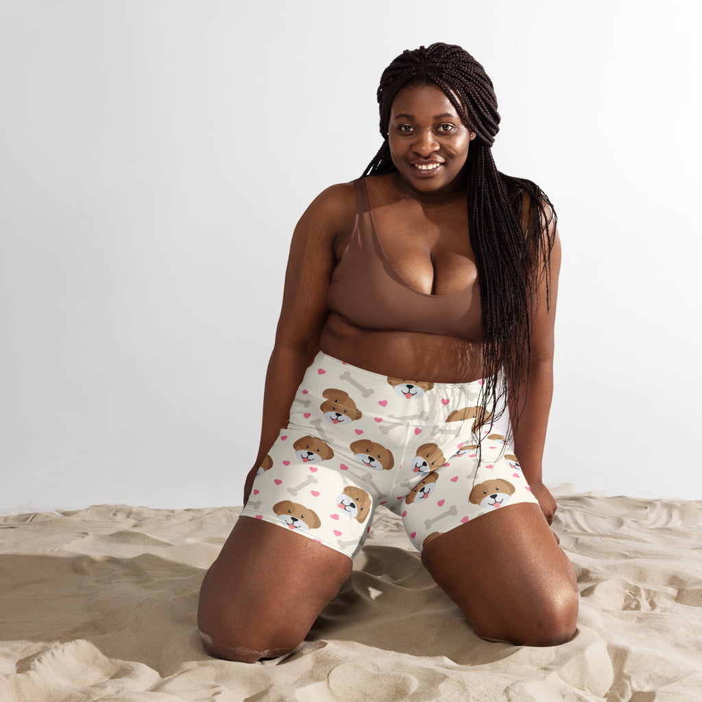 Women’s white high waisted buttery soft yoga shorts with brown puppy faces and pink hearts dog print on light fabric