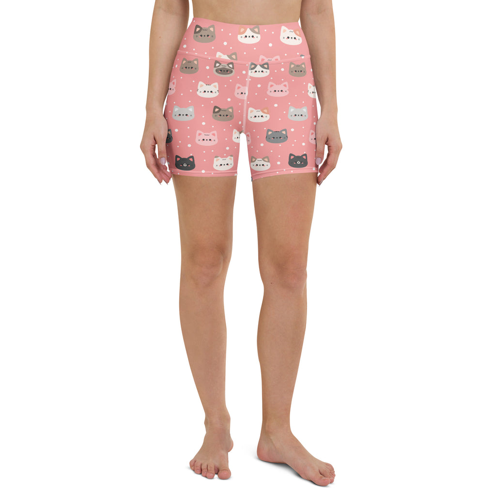 Women’s high waisted pink cat faces yoga shorts made of buttery soft stretchy fabric for active wear