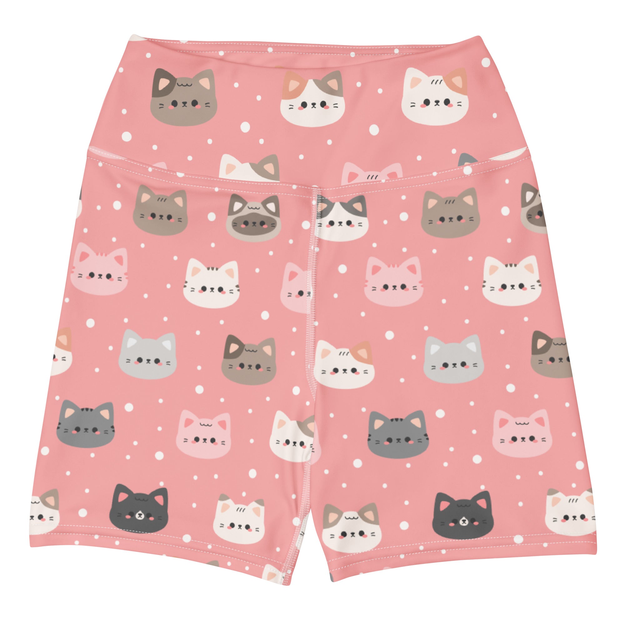 Women’s cute pink high-waisted buttery soft yoga shorts with playful gray white black cartoon cat pattern on dotted background