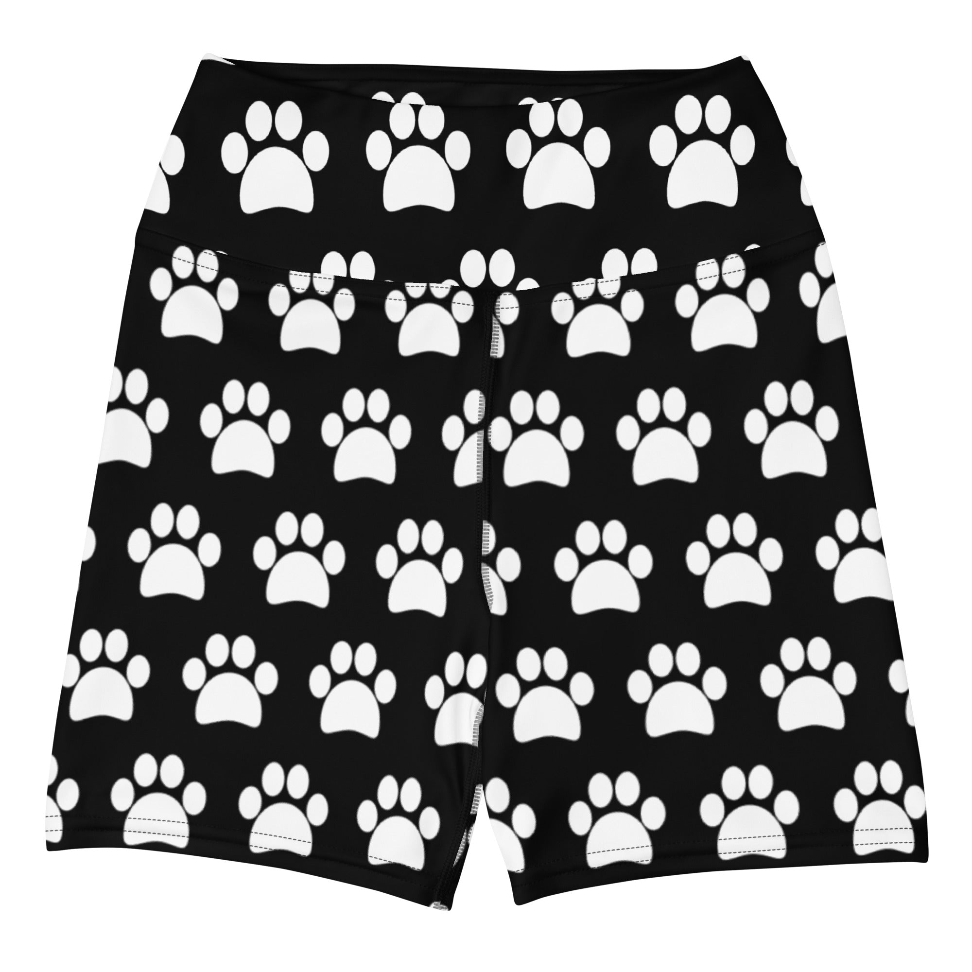 Women’s black high waisted buttery soft yoga shorts with a repeating white paw print pattern shown from the front