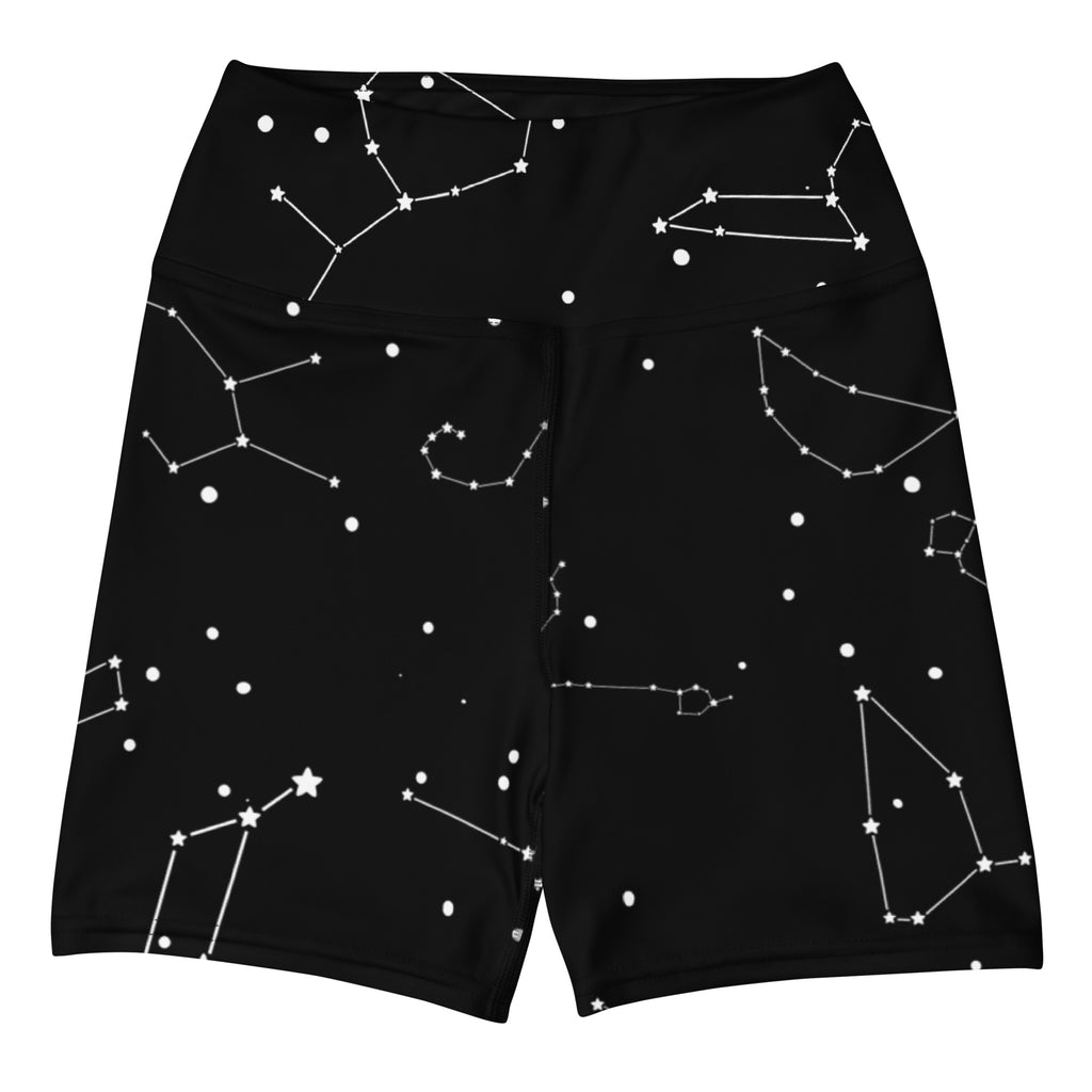 Black high waisted buttery soft yoga shorts with white realistic constellations and stars pattern for women