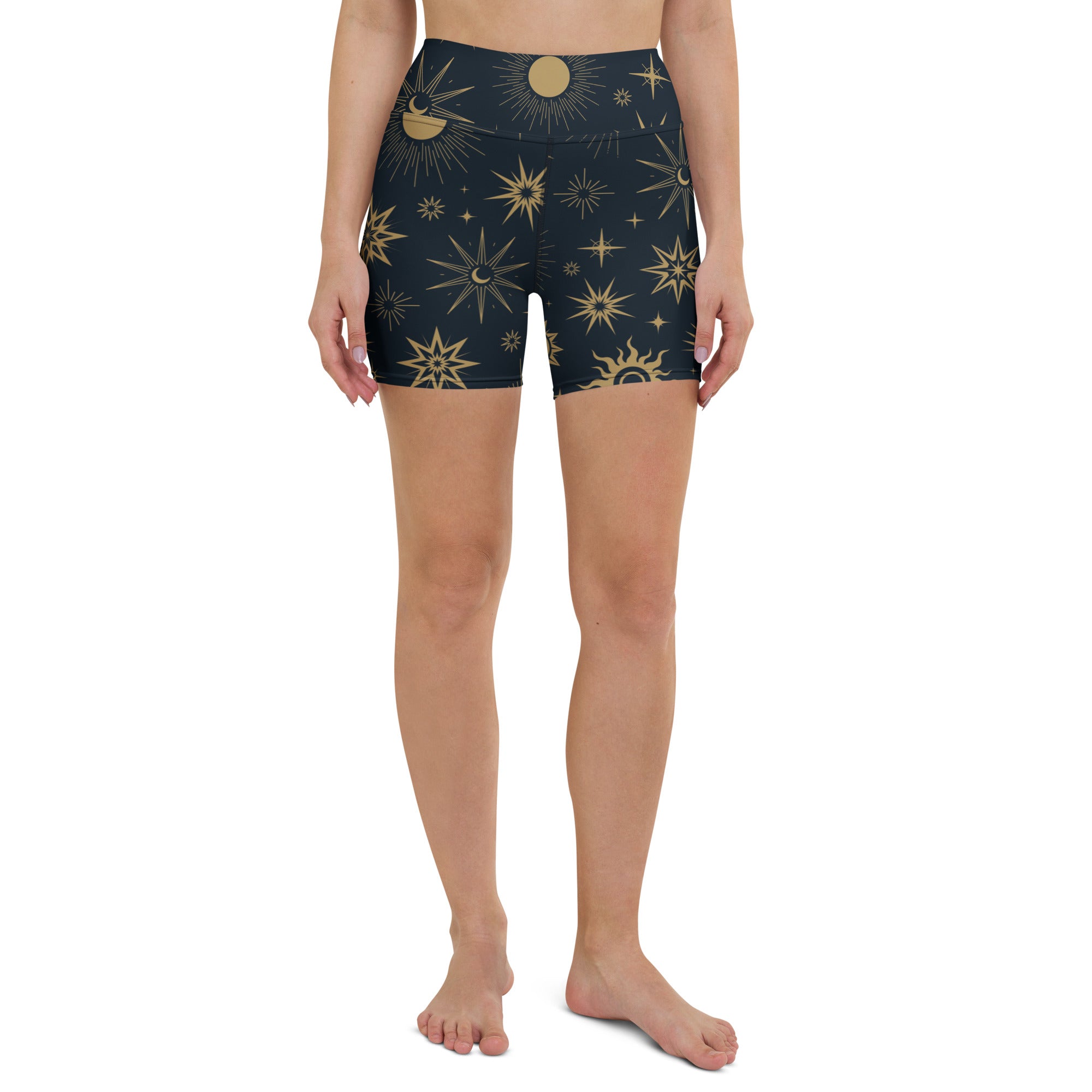 Dark blue high waisted buttery soft yoga shorts with gold celestial sun moon and star pattern for women