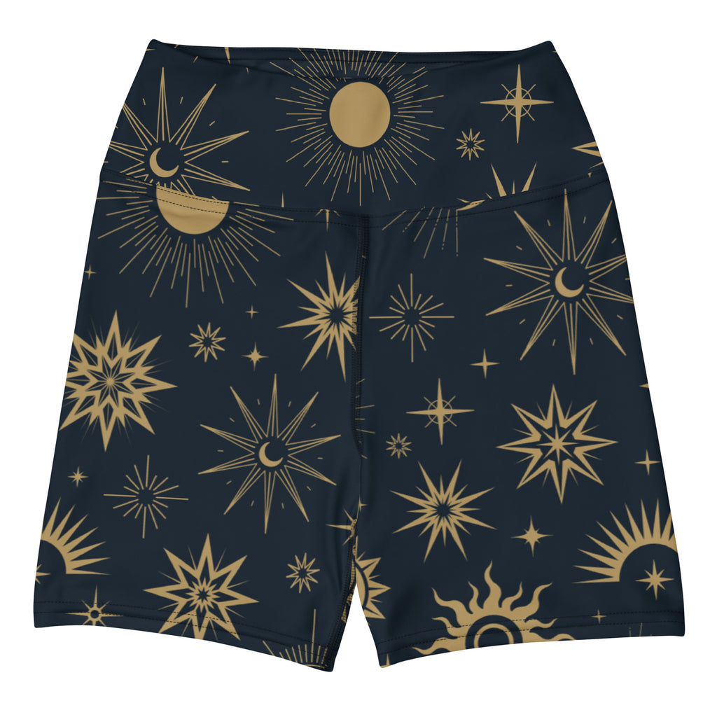 Dark blue high waisted buttery soft yoga shorts with gold celestial sun moon and star pattern for women