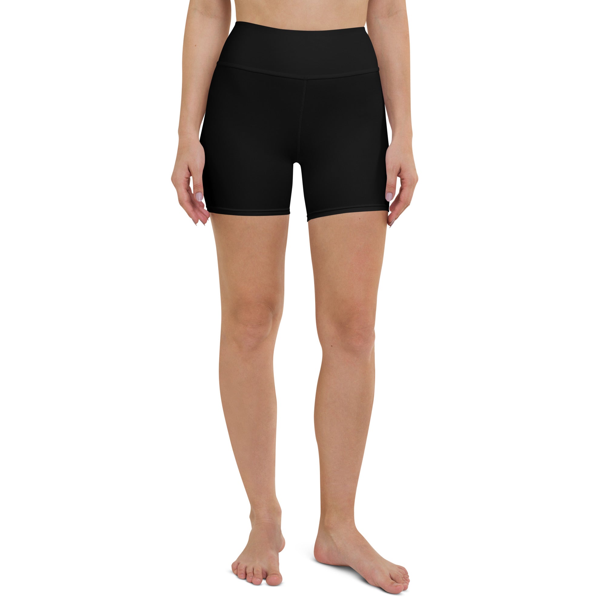 Women’s buttery soft black high waisted yoga shorts made of smooth stretchy fabric for active wear