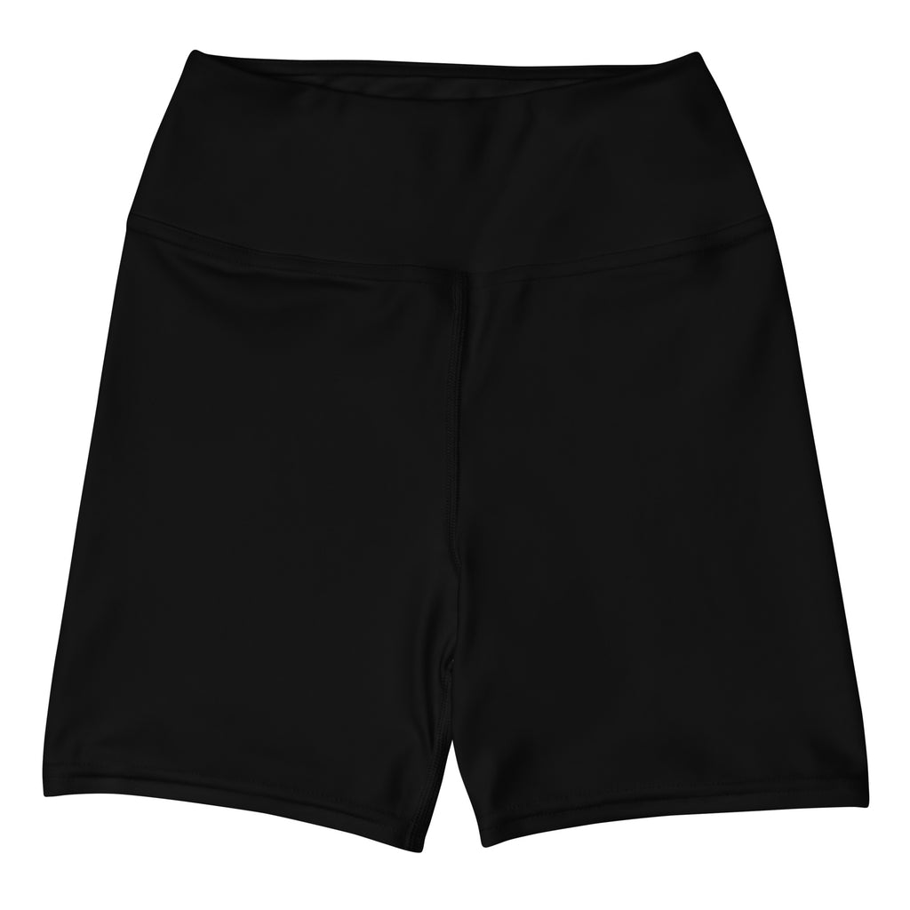 Women’s buttery soft black high waisted yoga shorts with smooth stretchy fabric and subtle side pockets